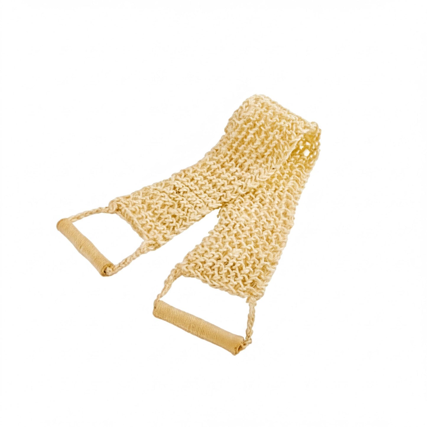 A beige, knitted loofah or washcloth with two handles, one on each side, is shown against a white background.