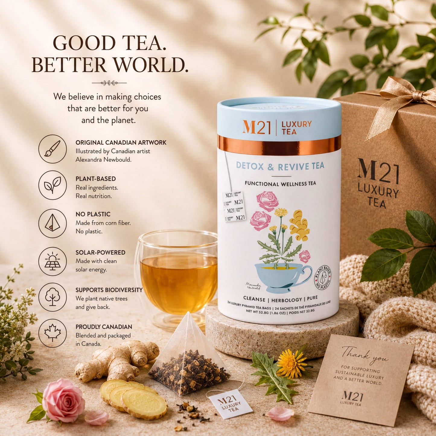 The image is an advertisement for M21 luxury tea, featuring a variety of tea products and packaging.