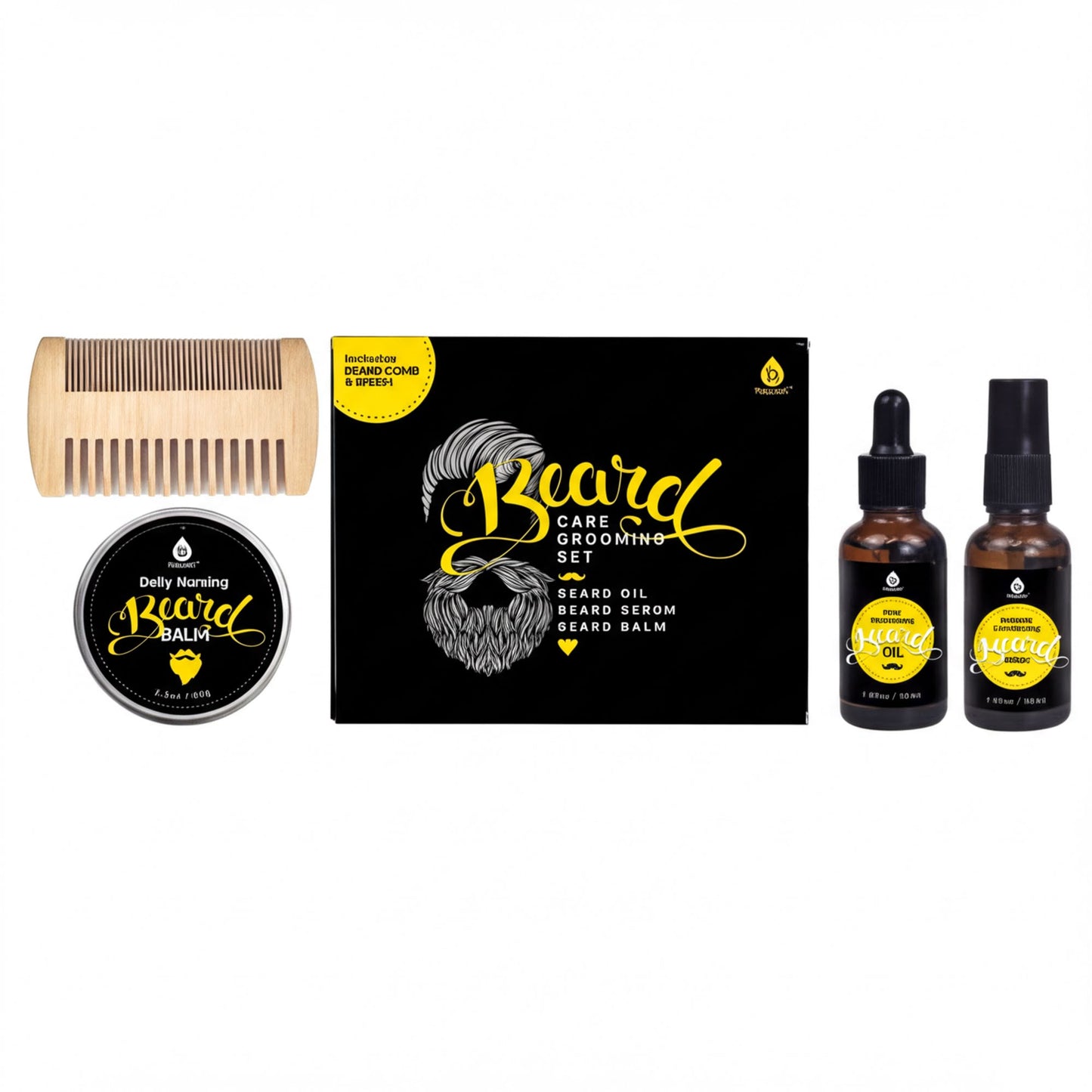 a set of grooming products for a beard, including a wooden comb, beard oil, beard balm, and beard balm.