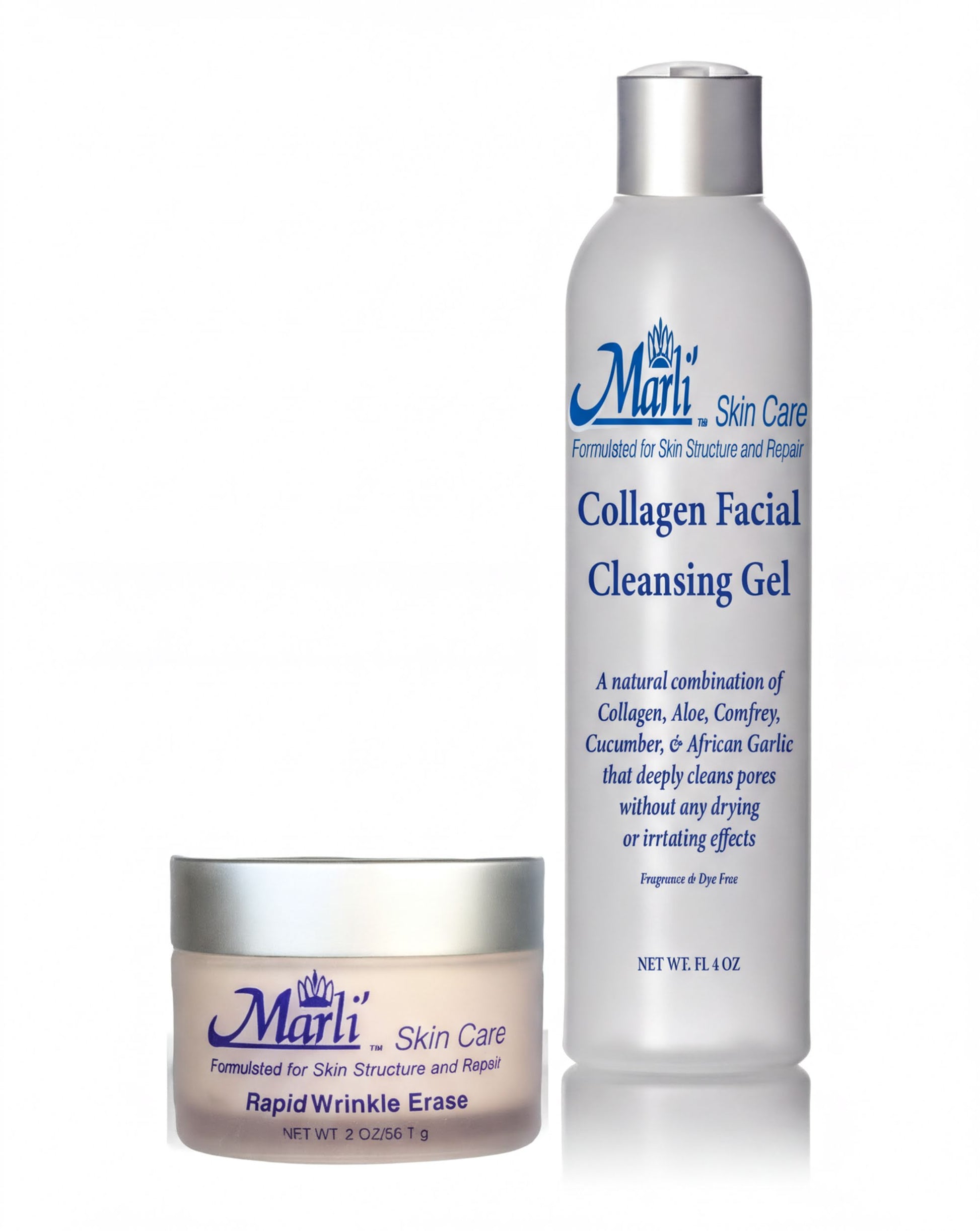 two bottles of Marli Skin Care products: a Collagen Facial Cleansing Gel and a Rapid Wrinkle Erase.