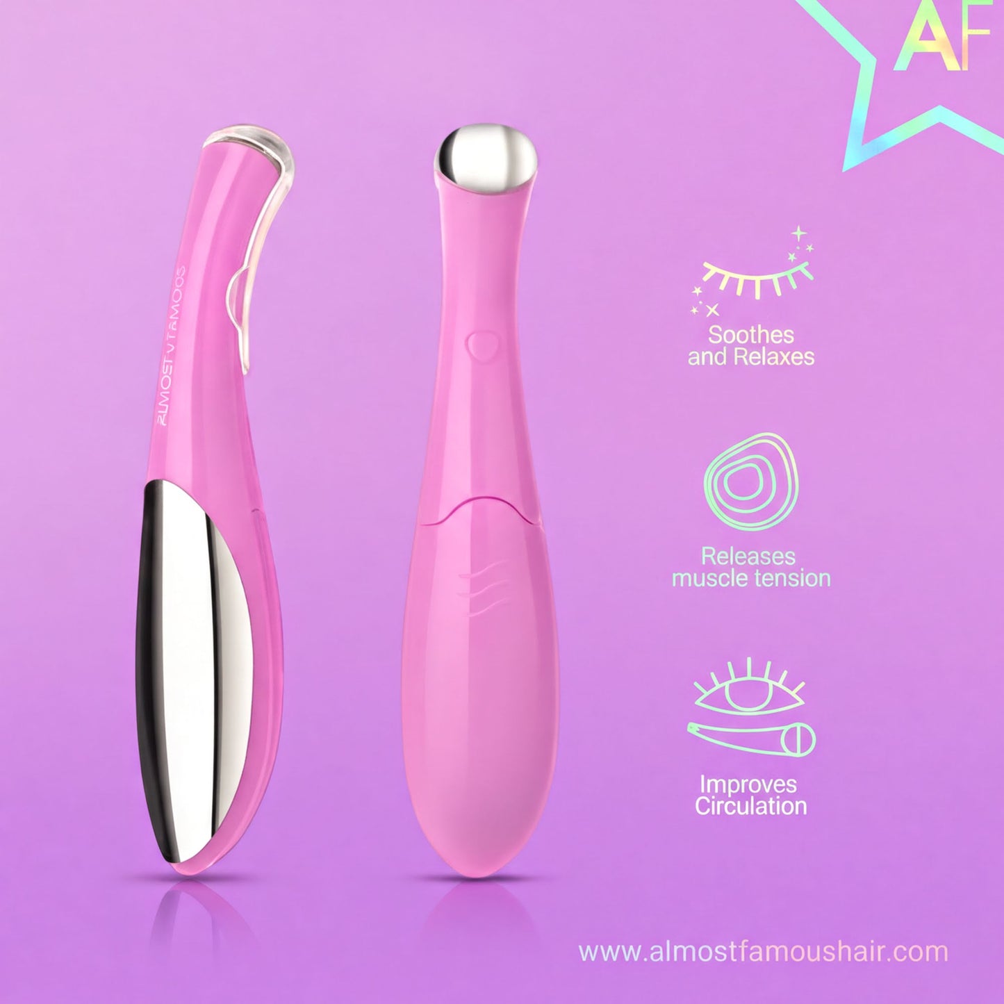 two pink electronic devices, possibly hair styling tools, with text describing their features and benefits.