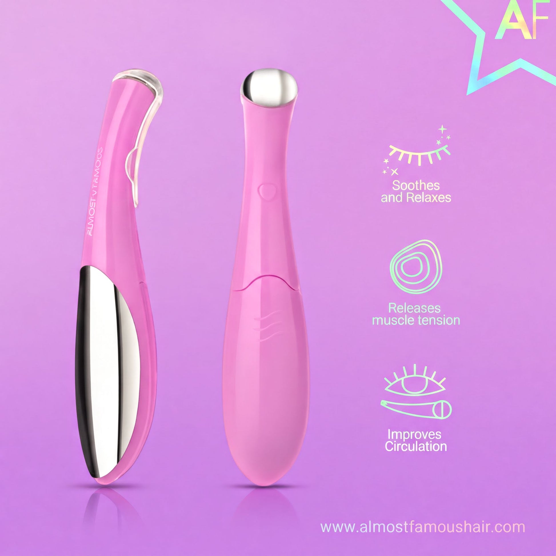 two pink electronic devices, possibly hair styling tools, with text describing their features and benefits.