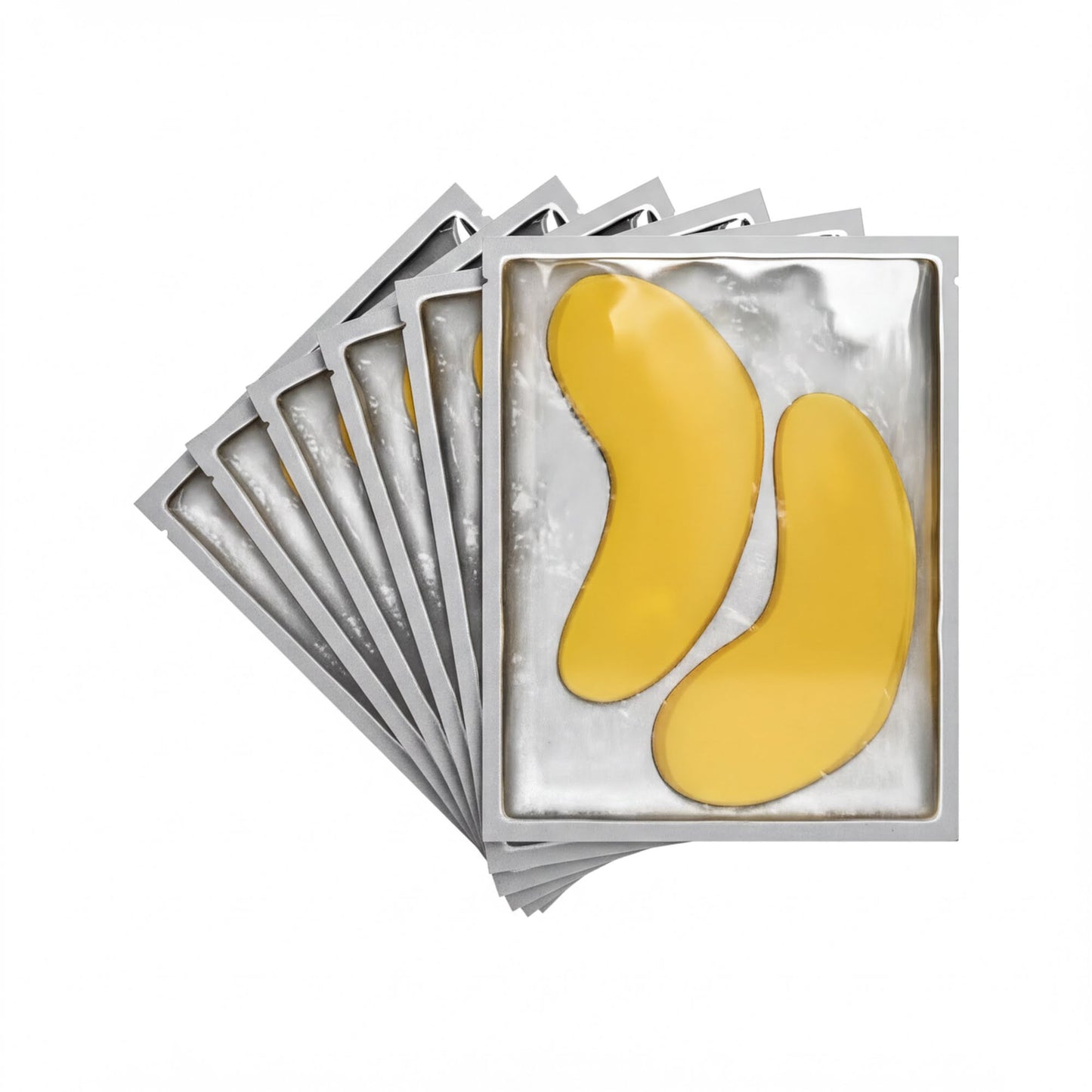 A set of silver-colored packets containing yellow objects, which appear to be some sort of food or snack.