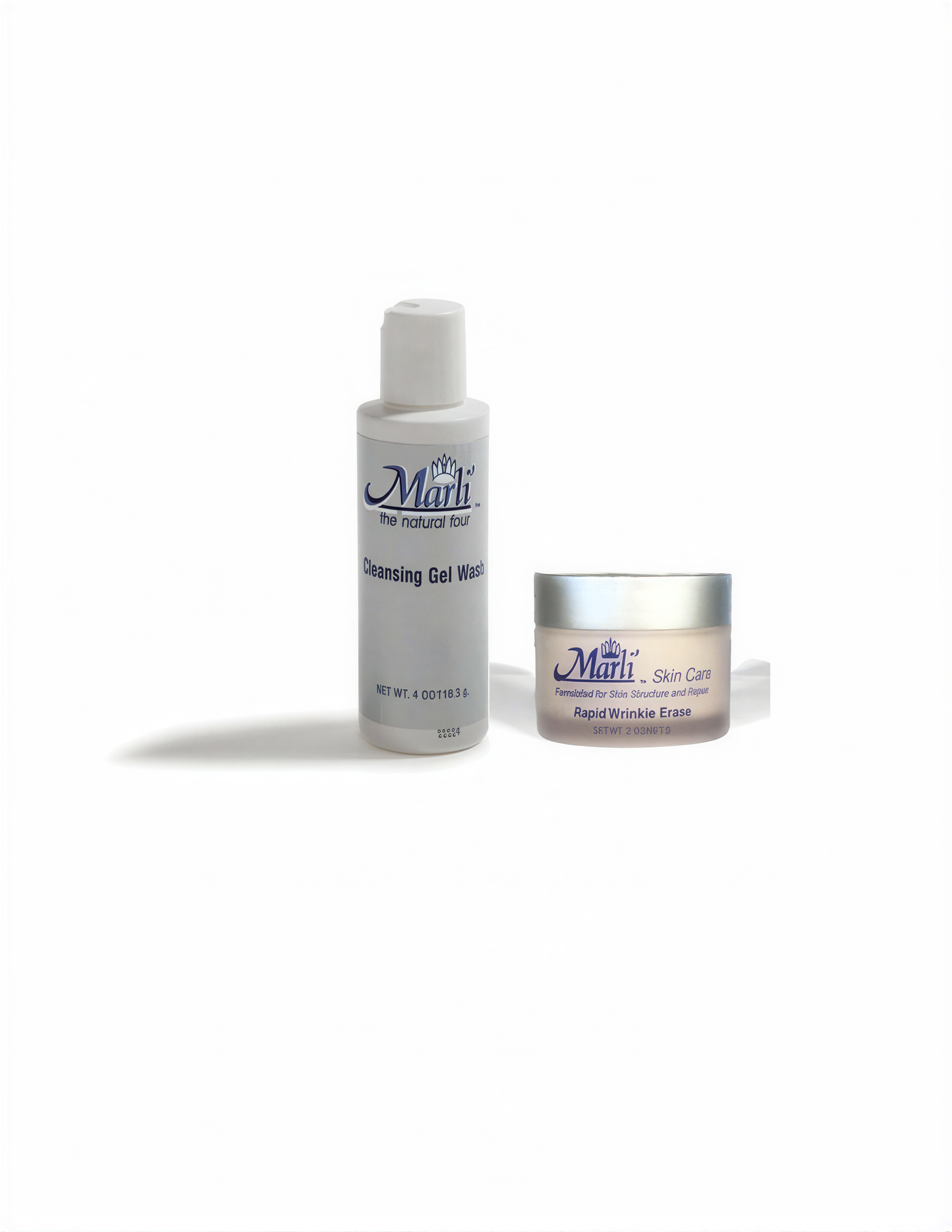 two bottles of Marli skin care products, including a cleansing gel wash and a cream.