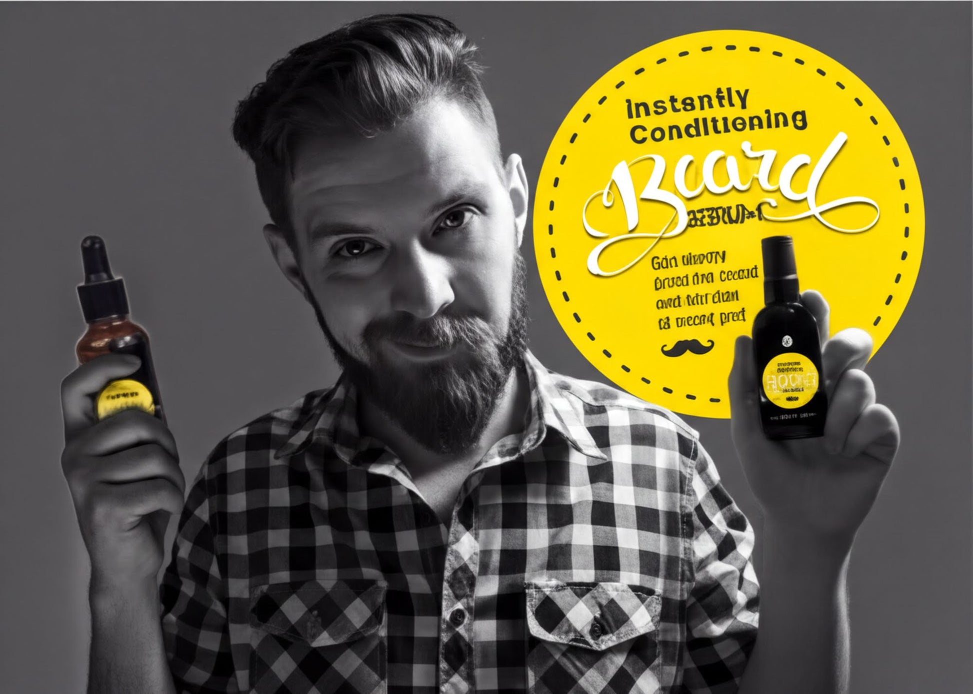 A man with a beard is holding two bottles of beard care products, one in each hand, and posing for the camera.