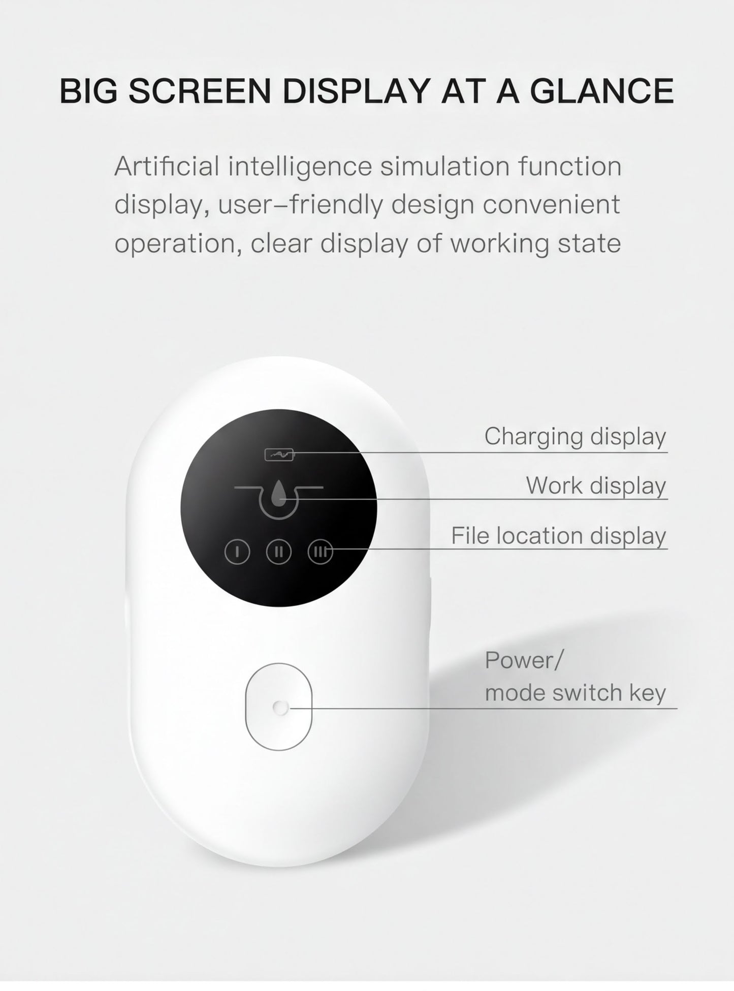 a white electronic device with a large screen display, including a charging display, work display, file location display, and a power/mode switch key.