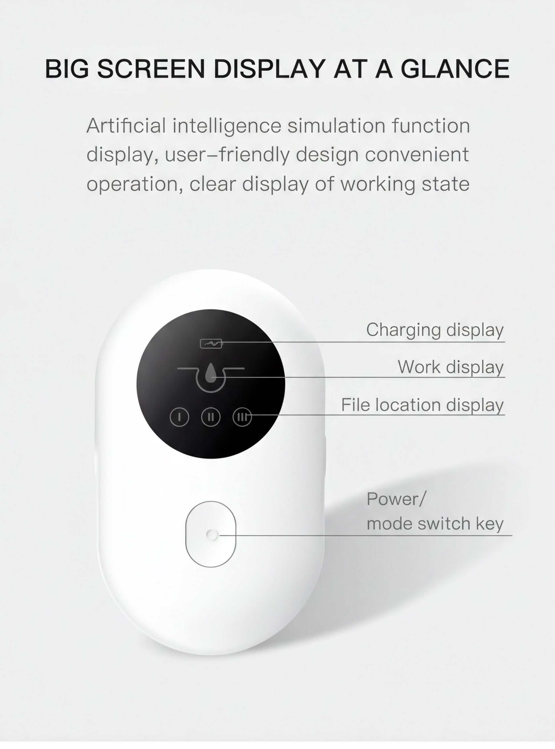 a white electronic device with a large screen display, including a charging display, work display, file location display, and a power/mode switch key.