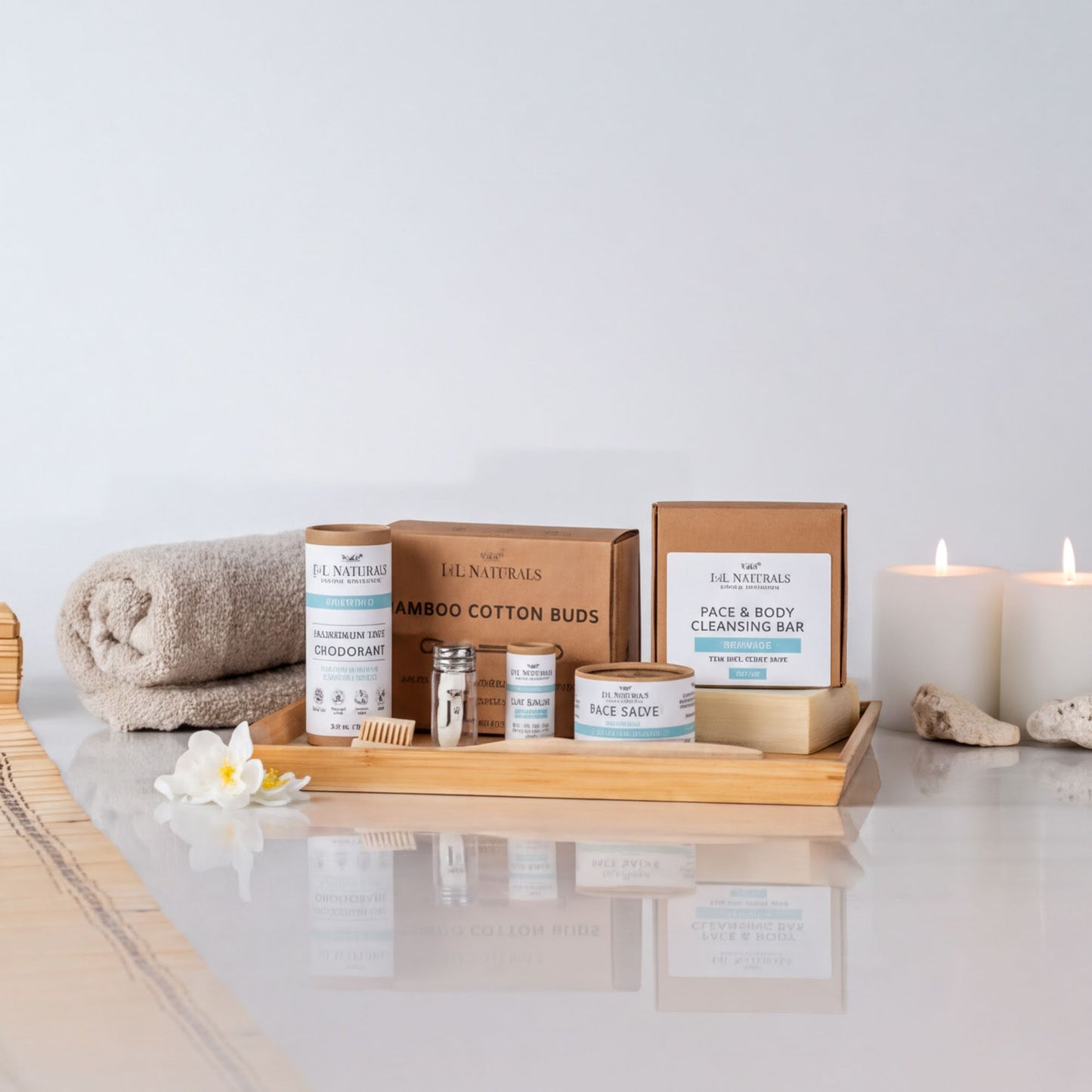 a collection of natural beauty products arranged on a wooden tray, with candles and a white flower in the background.