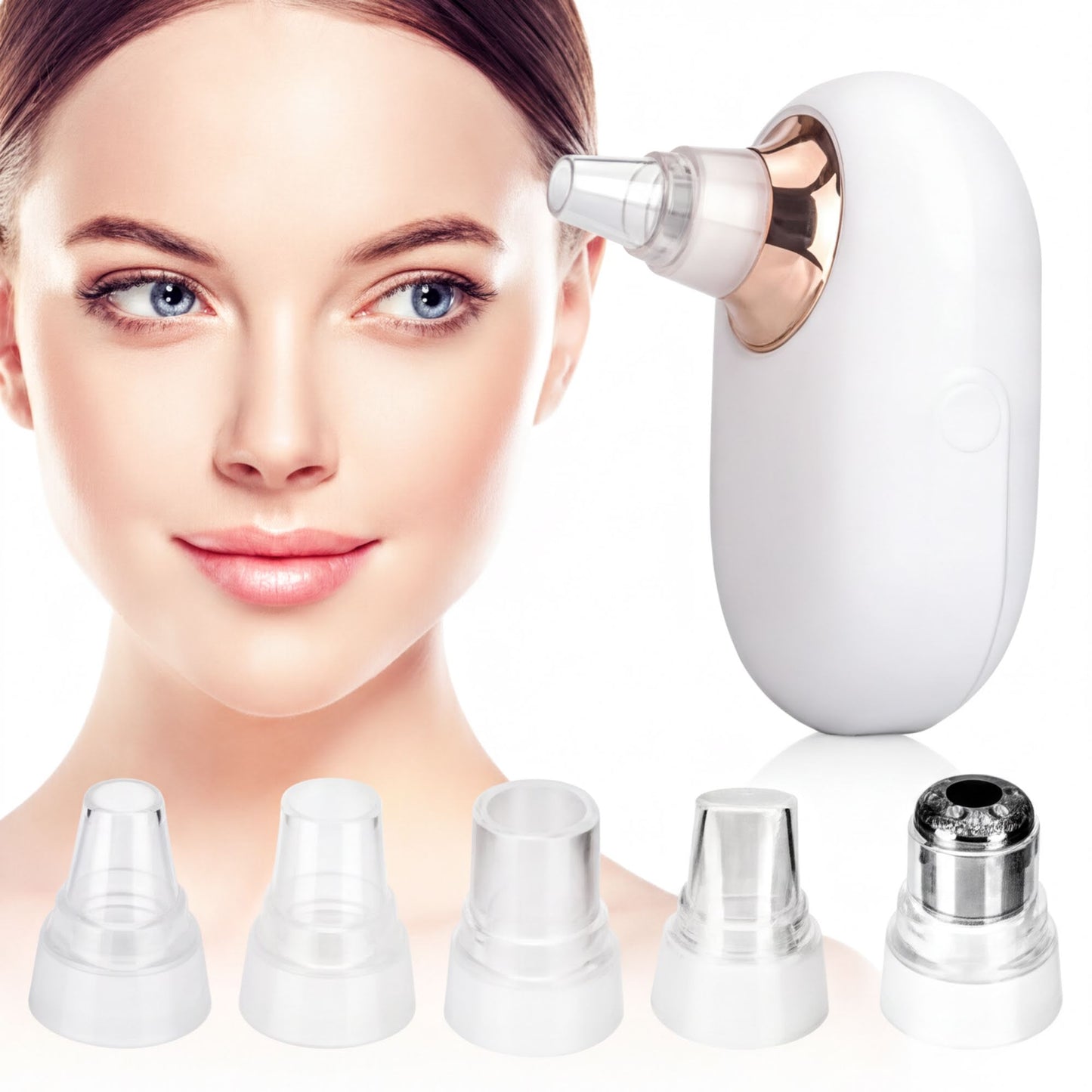 A close-up of a woman's face with a white facial treatment device next to her, along with five different clear plastic attachments.