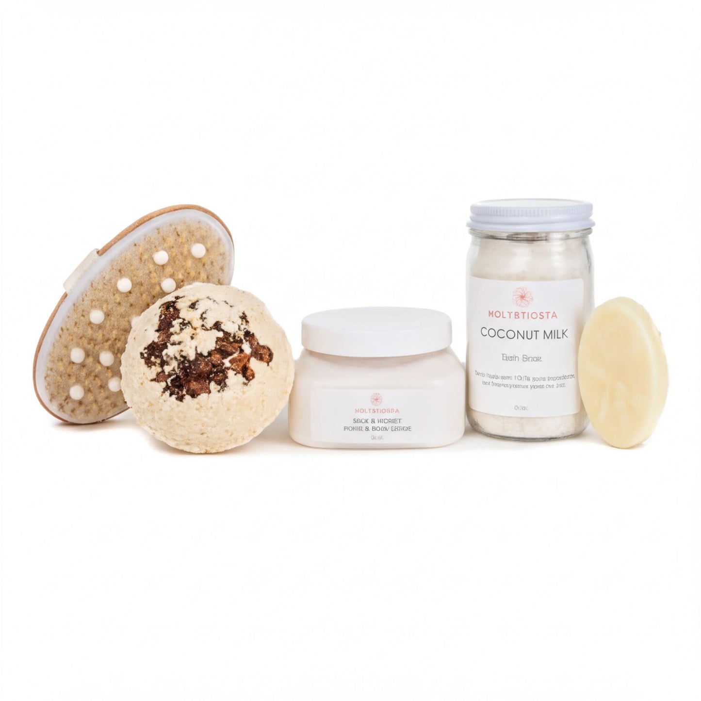 a collection of beauty and skincare products, including a jar of coconut milk, a jar of coconut oil, a jar of coconut scrub, and a jar of coconut scrub.