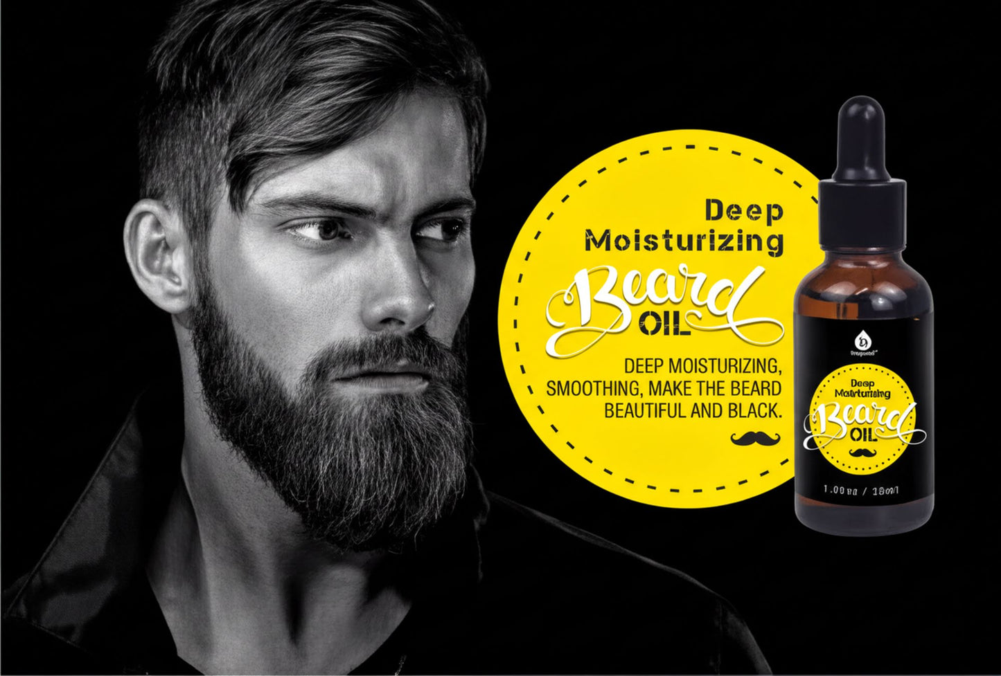 a man with a beard, along with a bottle of beard oil.