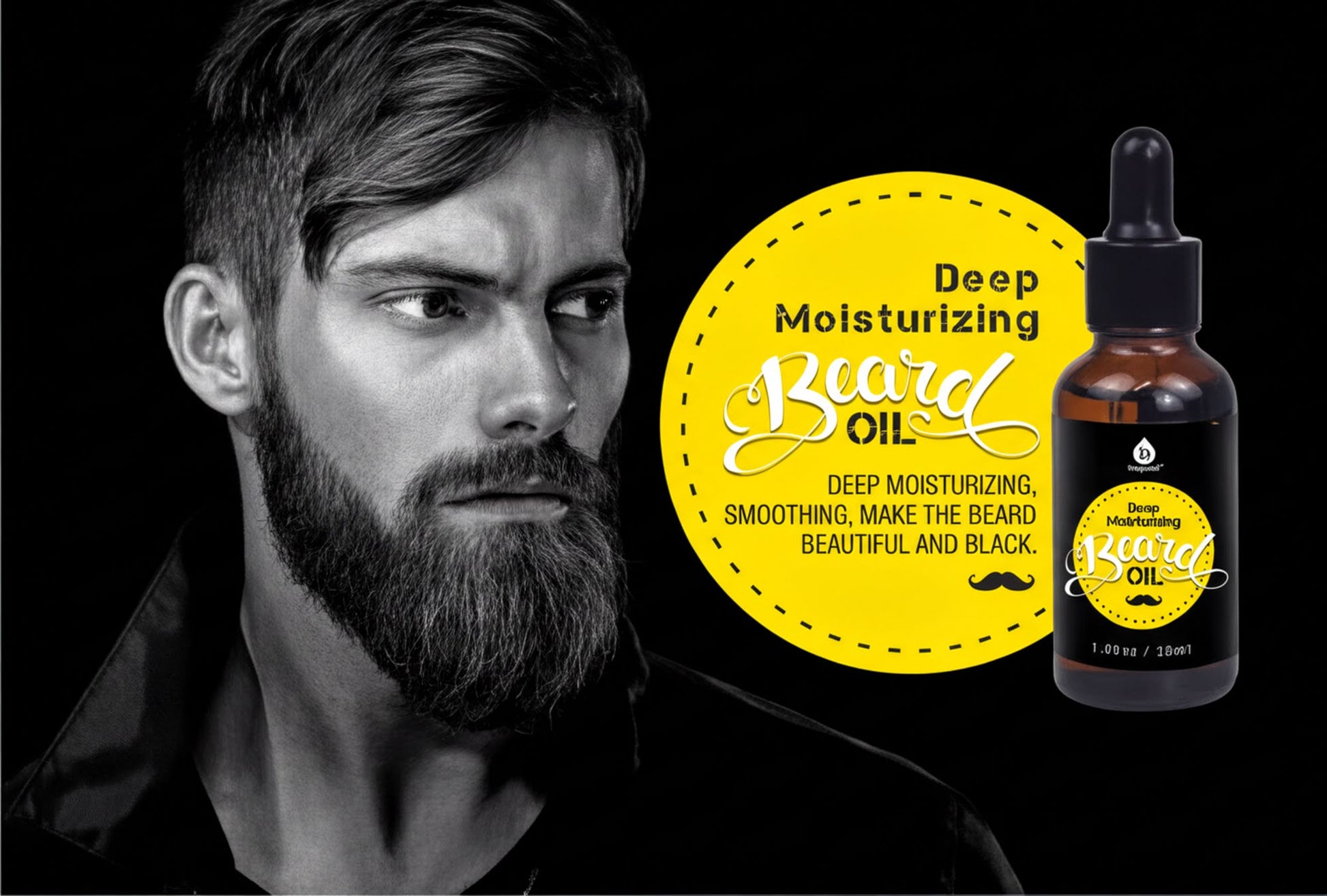 a man with a beard, along with a bottle of beard oil.