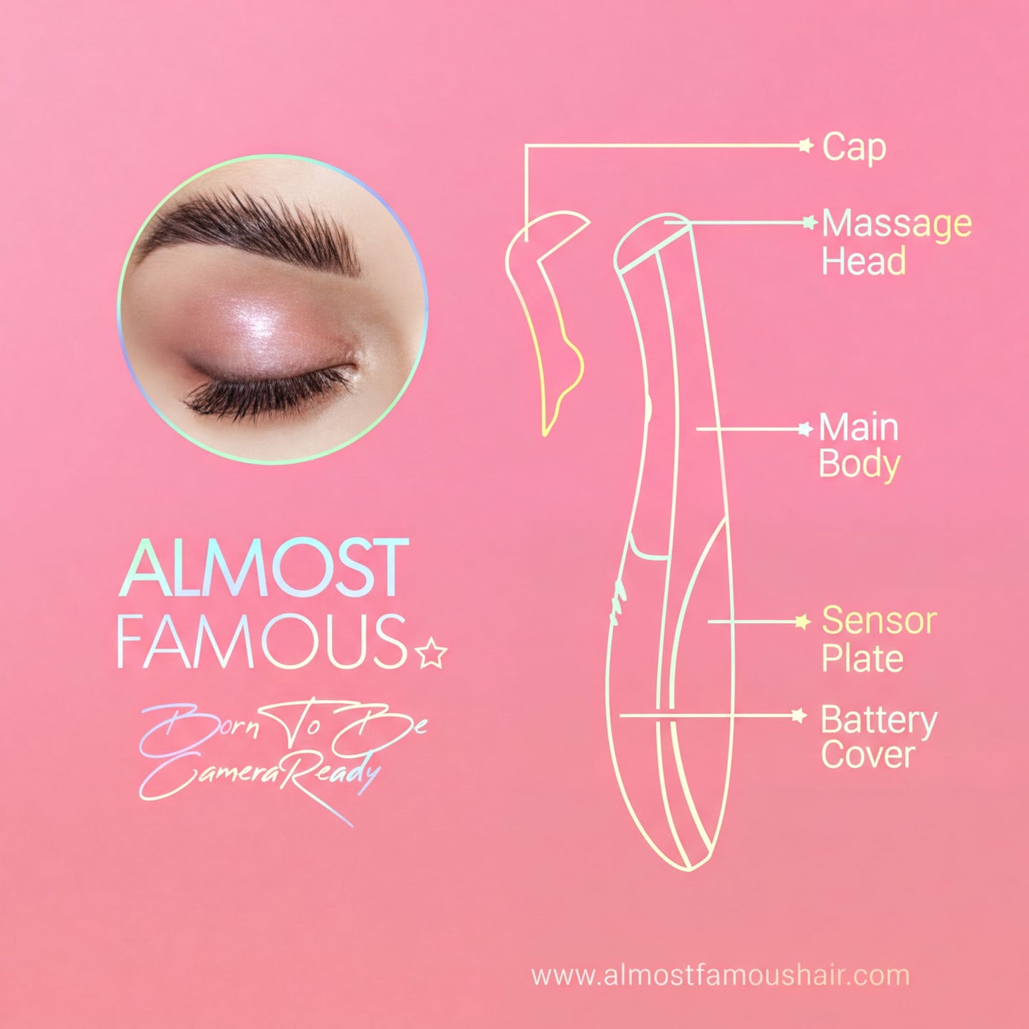 The image is a promotional graphic for a hair styling product, featuring a close-up of an eye with a caption describing the product's features.