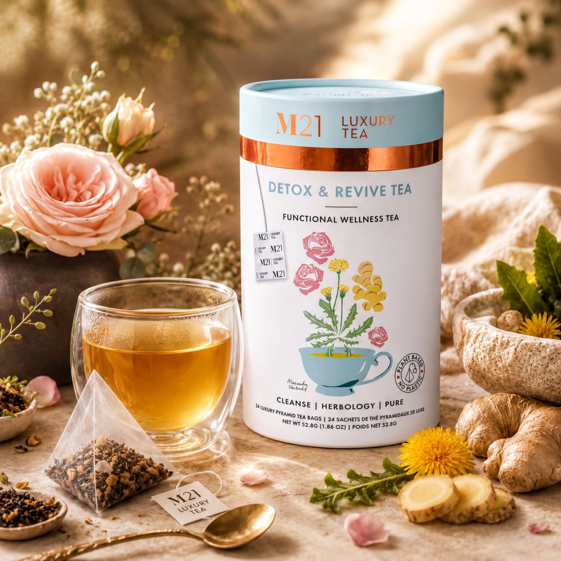 a variety of tea products, including a large tea tin labeled "M21 LUXURY TEA Detox & Revive Tea Functional Wellness Tea" and a glass of tea, along with some herbs and flowers.
