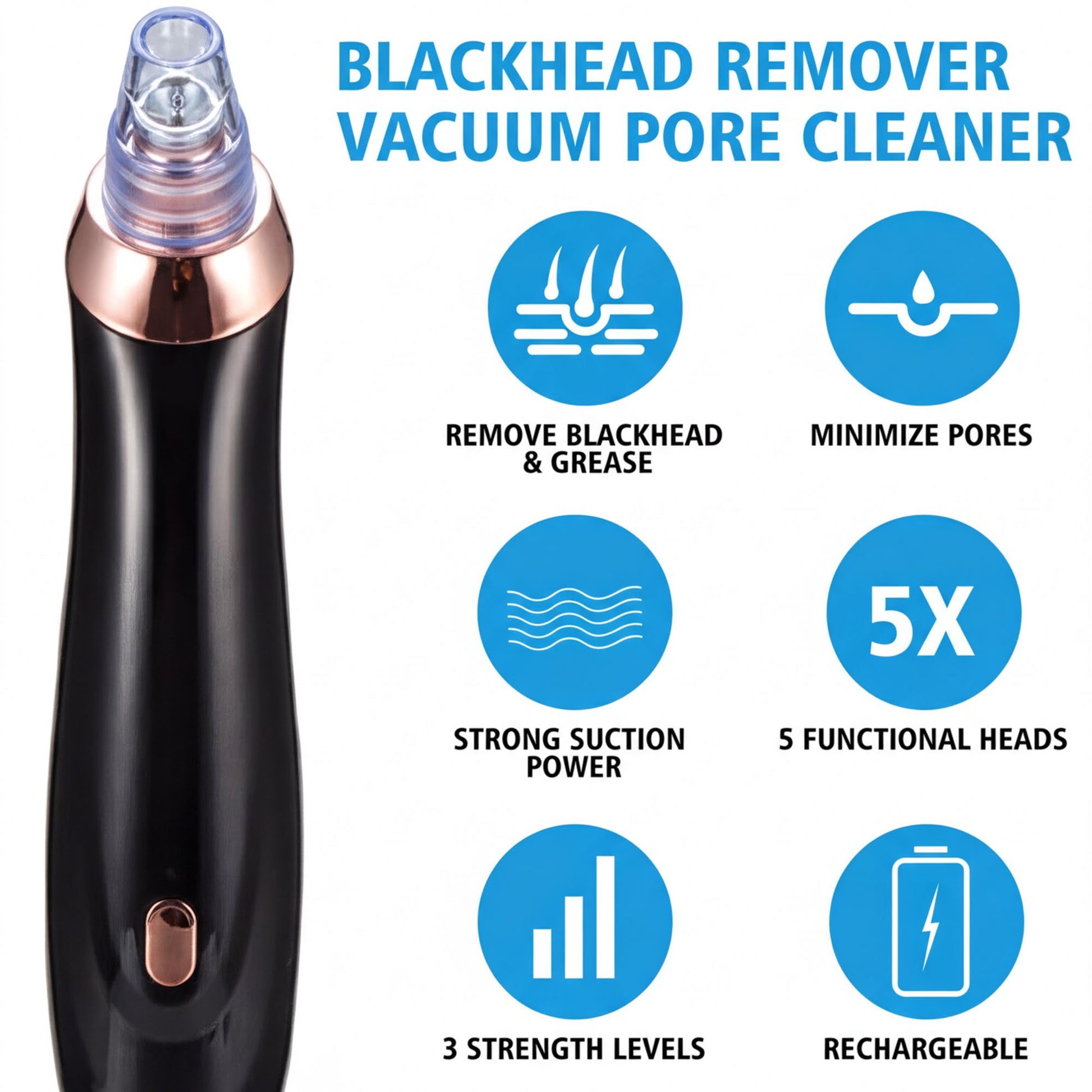 a black and gold vacuum nose cleaner with various features and benefits listed below it.
