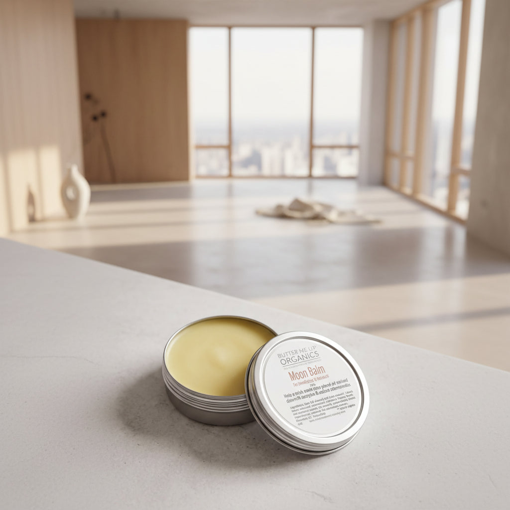 A round tin of "Moon Balm" is shown on a white surface, with a blurred background.