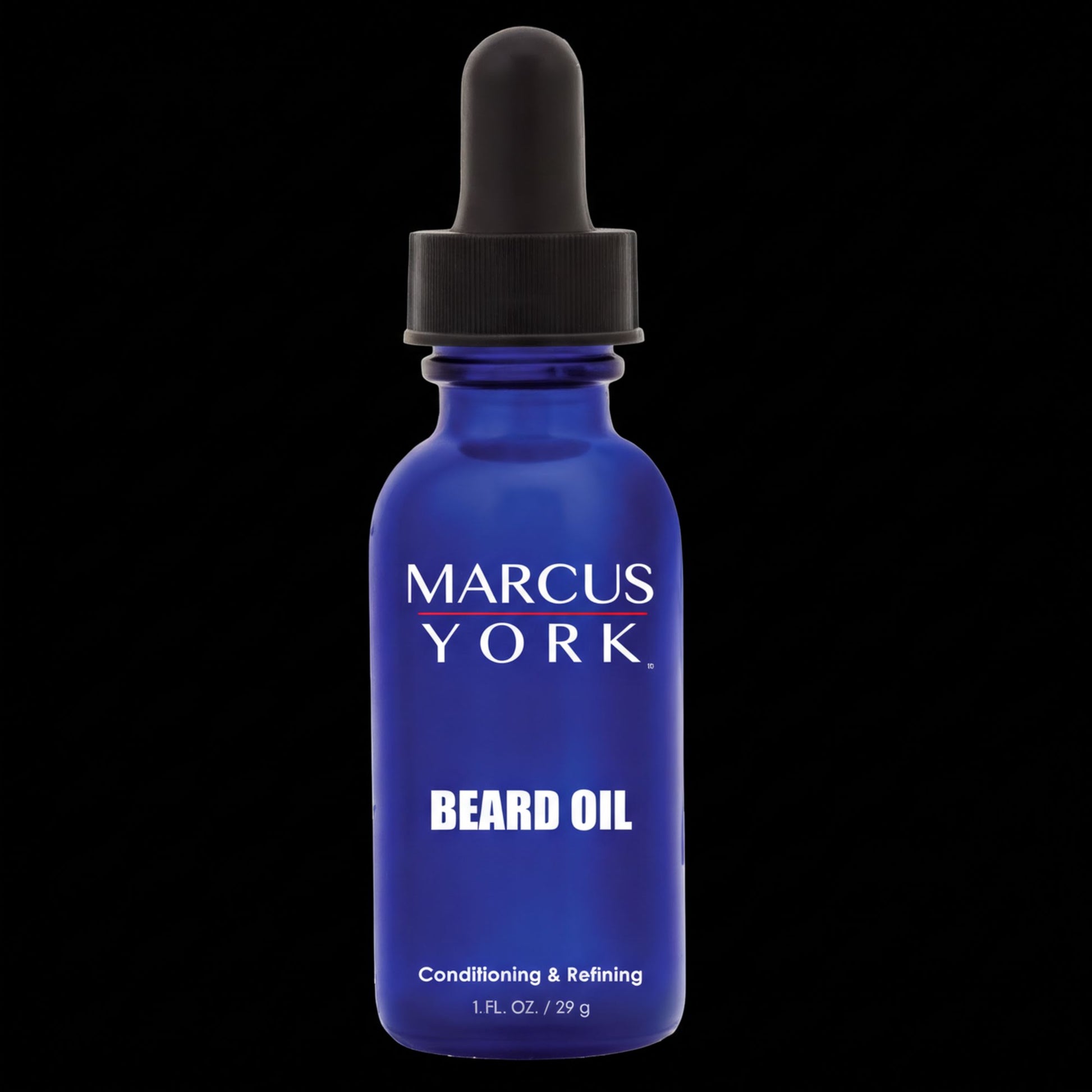 A blue glass bottle with a black dropper, containing a blue liquid labeled as "BEARD OIL" and " Conditioning & Refining 1.F.L.O.Z. 2.g".