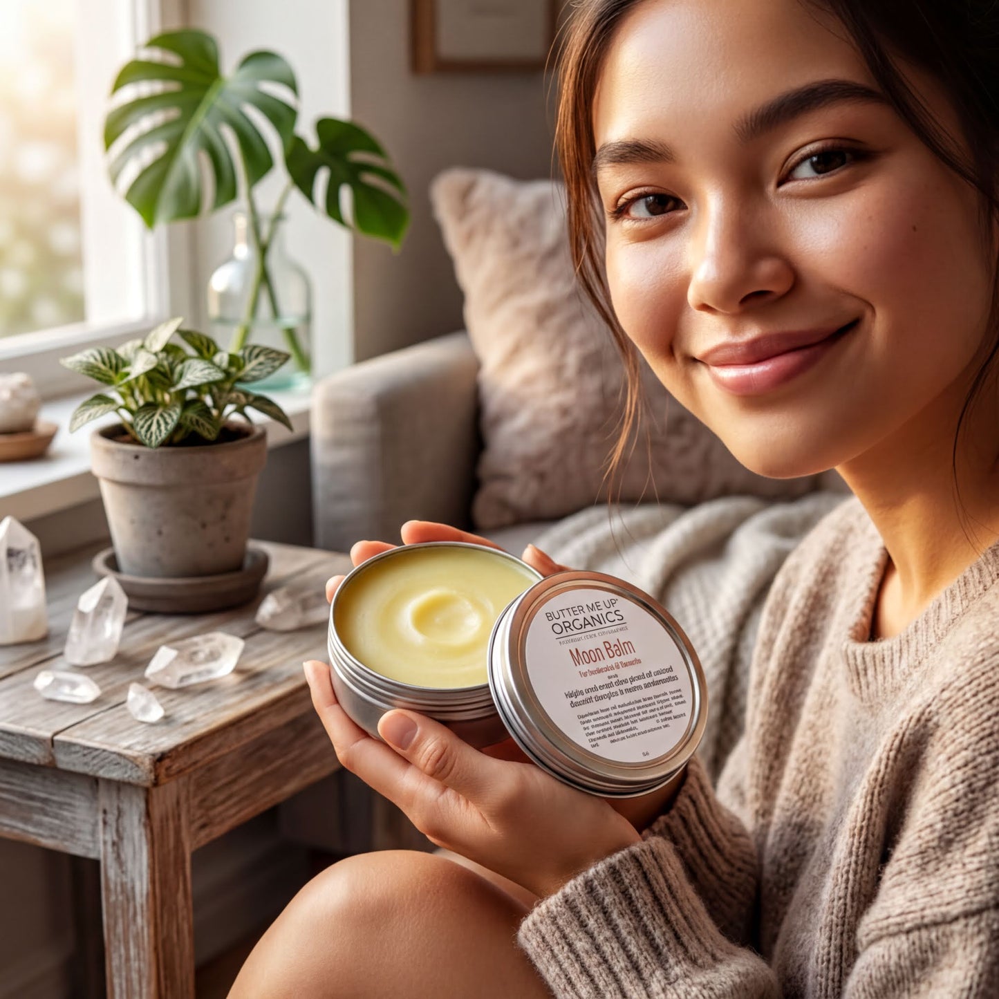 A woman in a beige sweater is holding a tin of organic lotion, smiling at the camera.