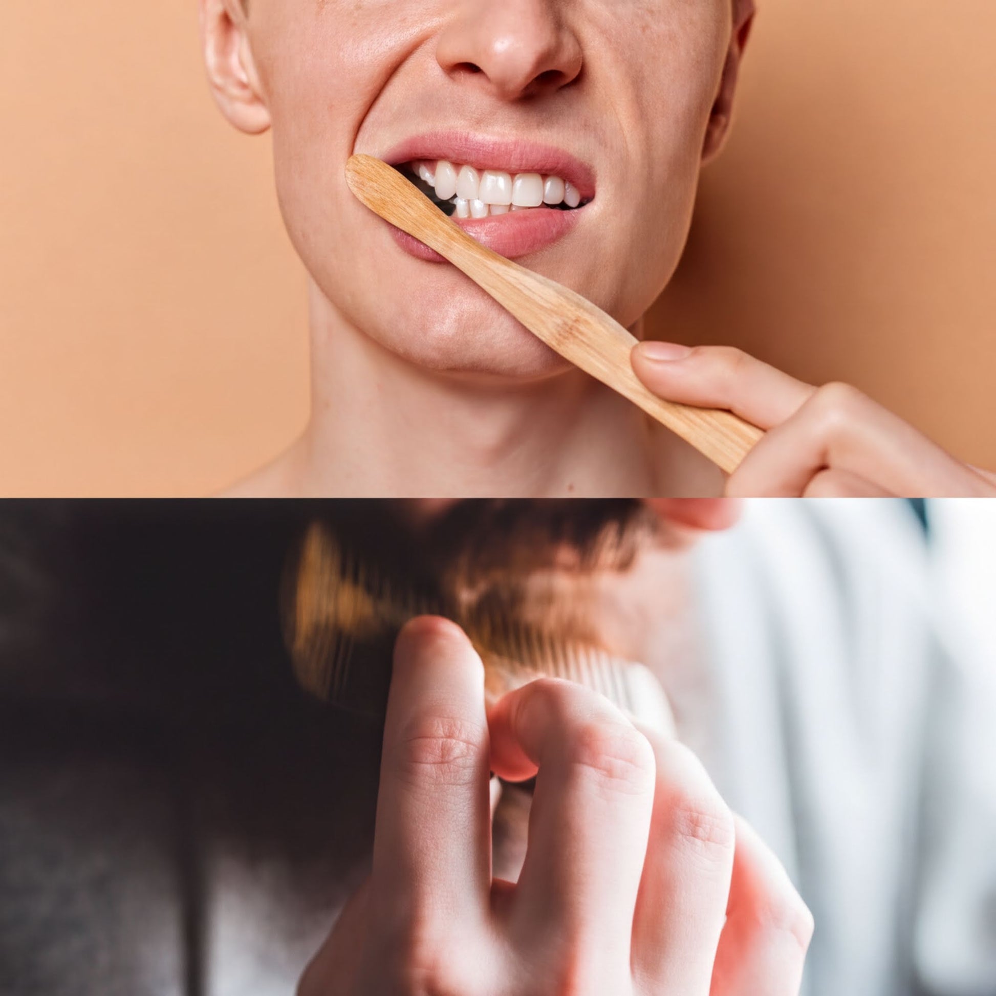 A person brushing their teeth with a wooden toothbrush, and another person holding a comb.