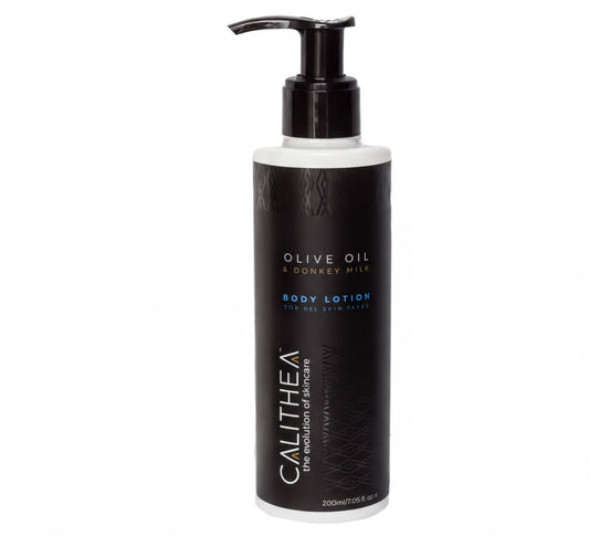 A bottle of body lotion with a pump dispenser.