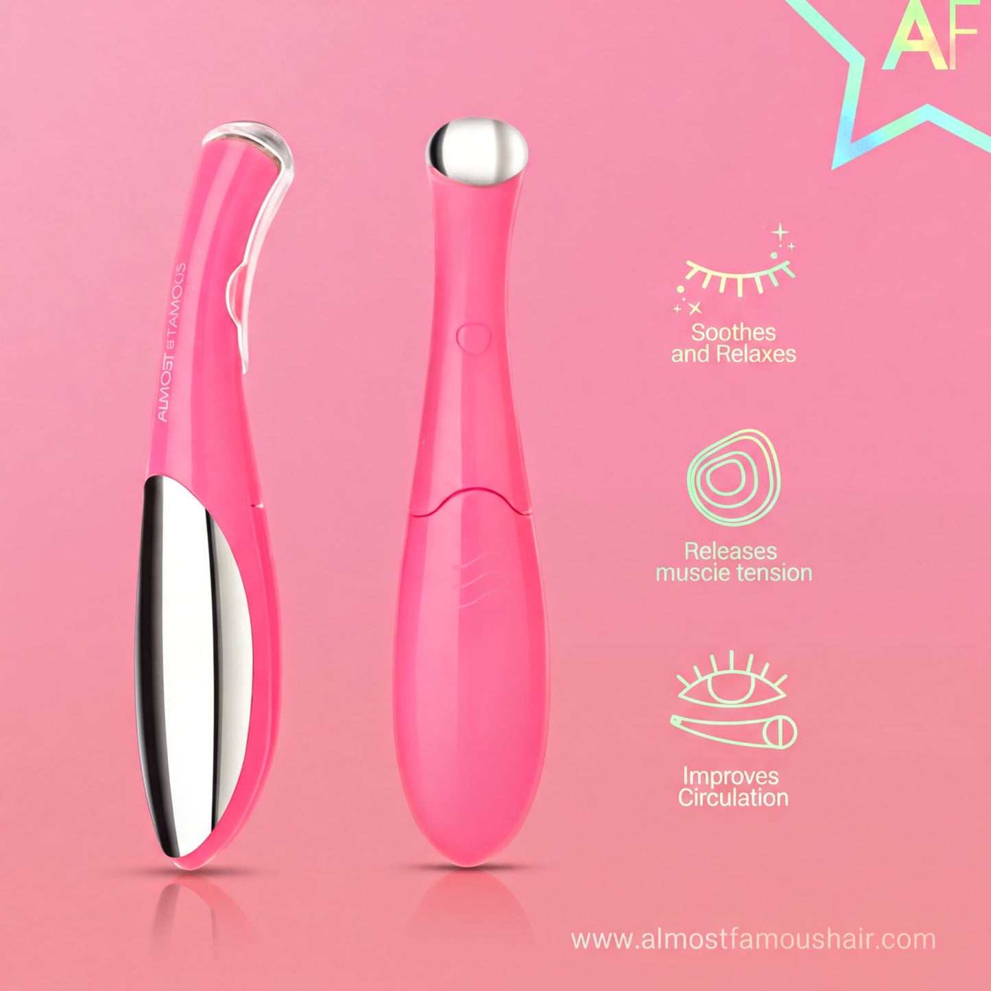 two pink electronic devices, possibly a hair dryer or a facial massager, against a pink background.