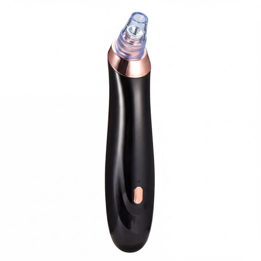 A black electronic device with a clear plastic head and a black handle, possibly a facial cleansing tool.