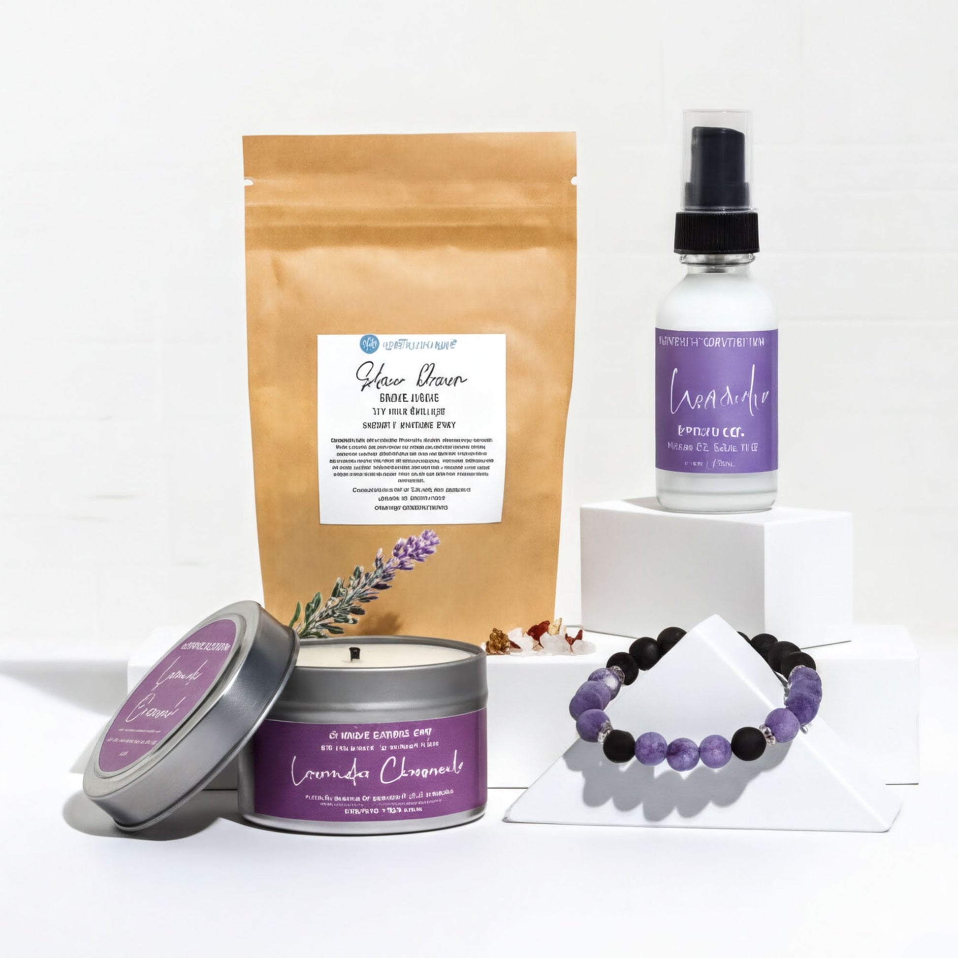 a collection of beauty and wellness products, including a brown paper bag, a white pump bottle, a silver tin candle, and a beaded bracelet, all arranged on a white background.