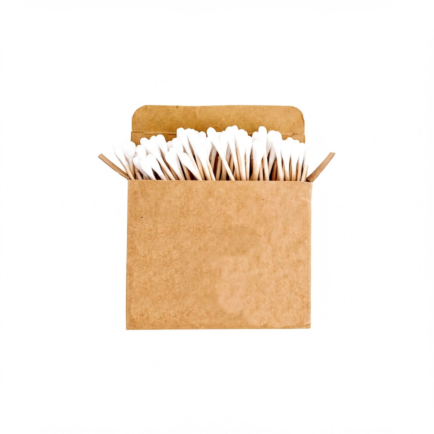 A cardboard box containing a large number of white cotton swabs.