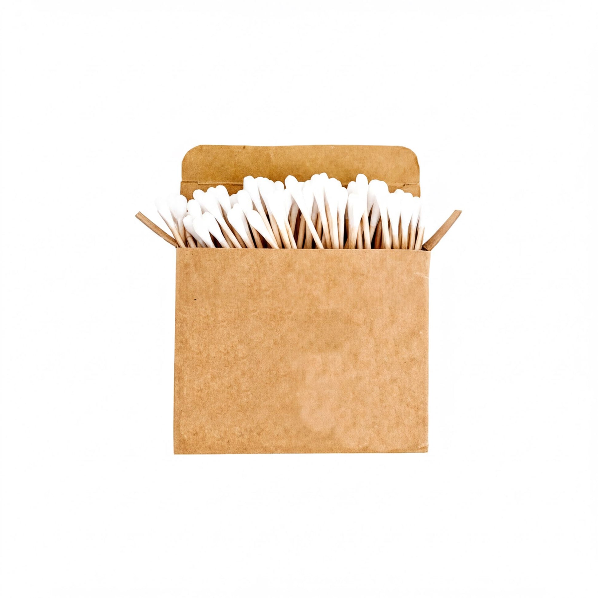 A cardboard box containing a large number of white cotton swabs.