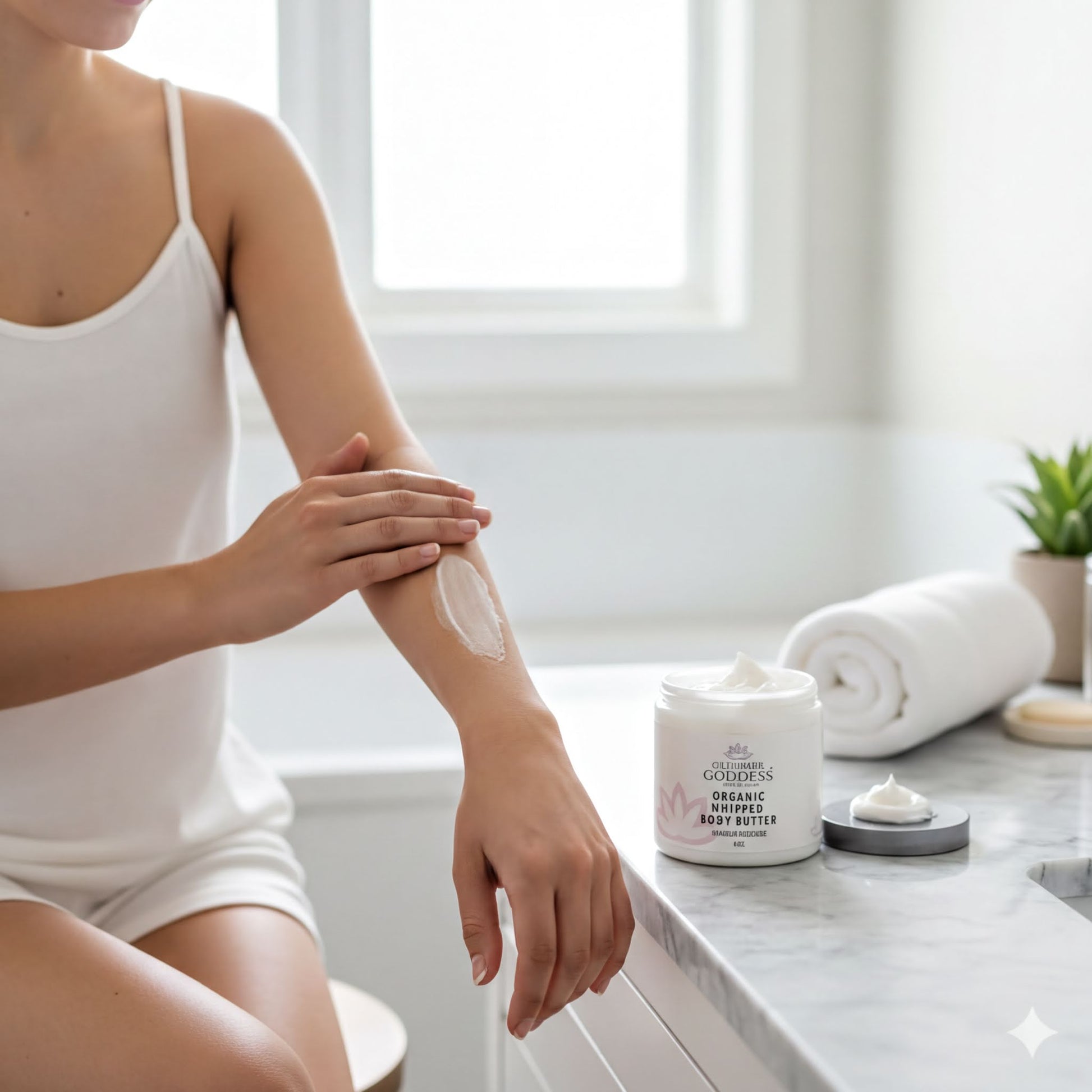 A woman applying lotion to her arm in a bathroom setting, with a jar of organic body butter and a rolled-up towel visible on the counter.