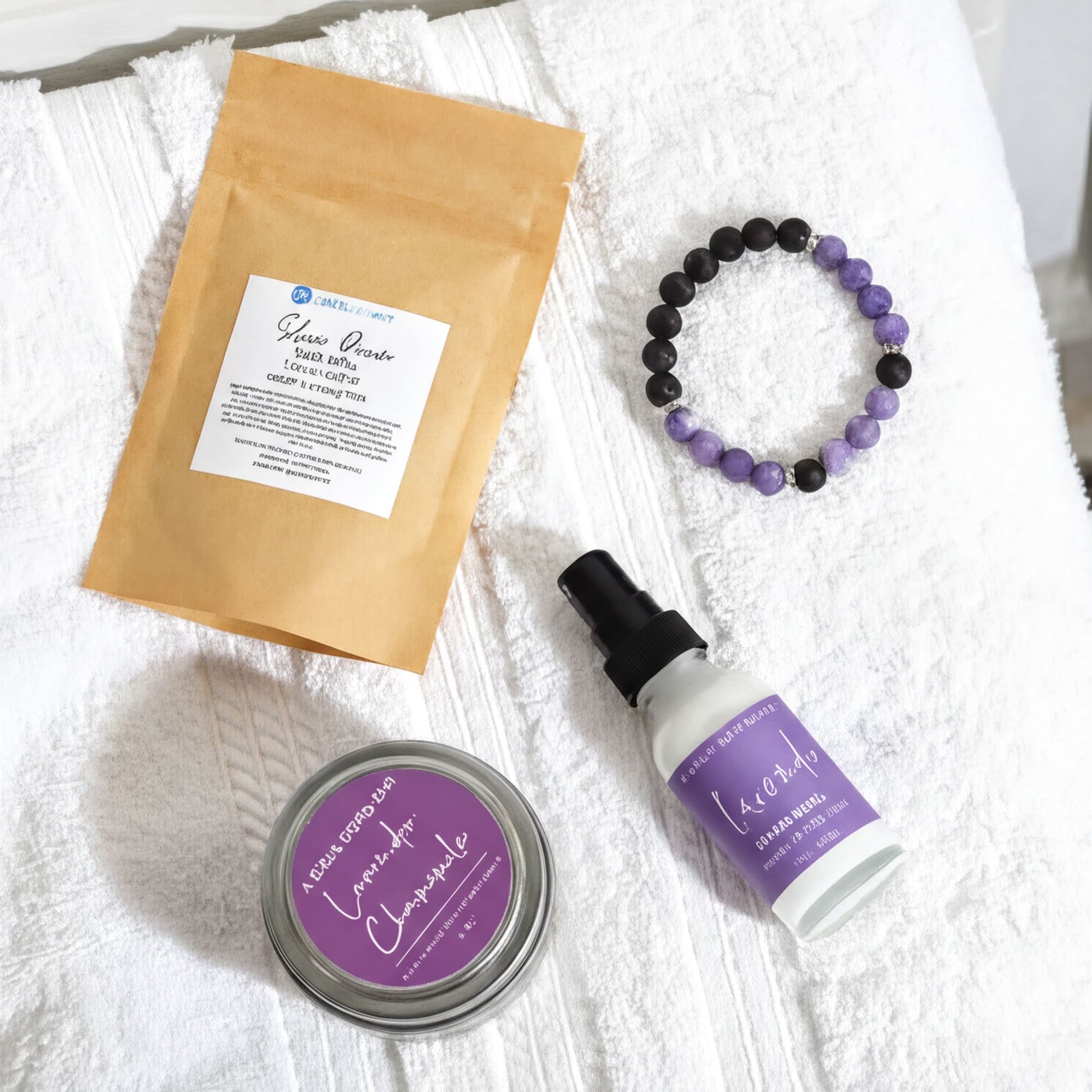 a variety of items, including a brown paper bag, a purple and black beaded bracelet, a purple and white bottle, and a silver tin can, all arranged on a white towel.