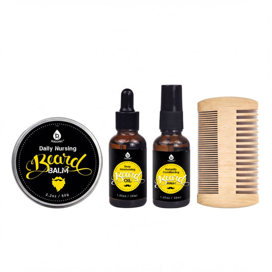 a set of grooming products, including a jar of Daily Nursing Beard Balm, two bottles of Instant Beard Oil, and a wooden comb.