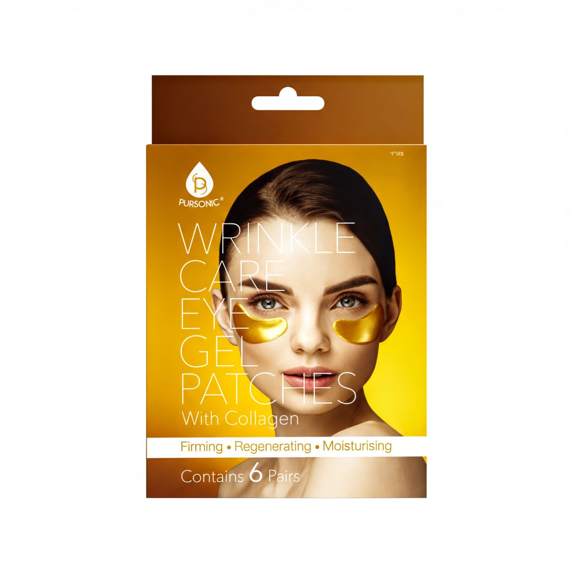 a woman with brown hair wearing a gold eye patch, and the packaging for the product is described as a "Winkle Care Eye Gel Patches" that contains collagen.