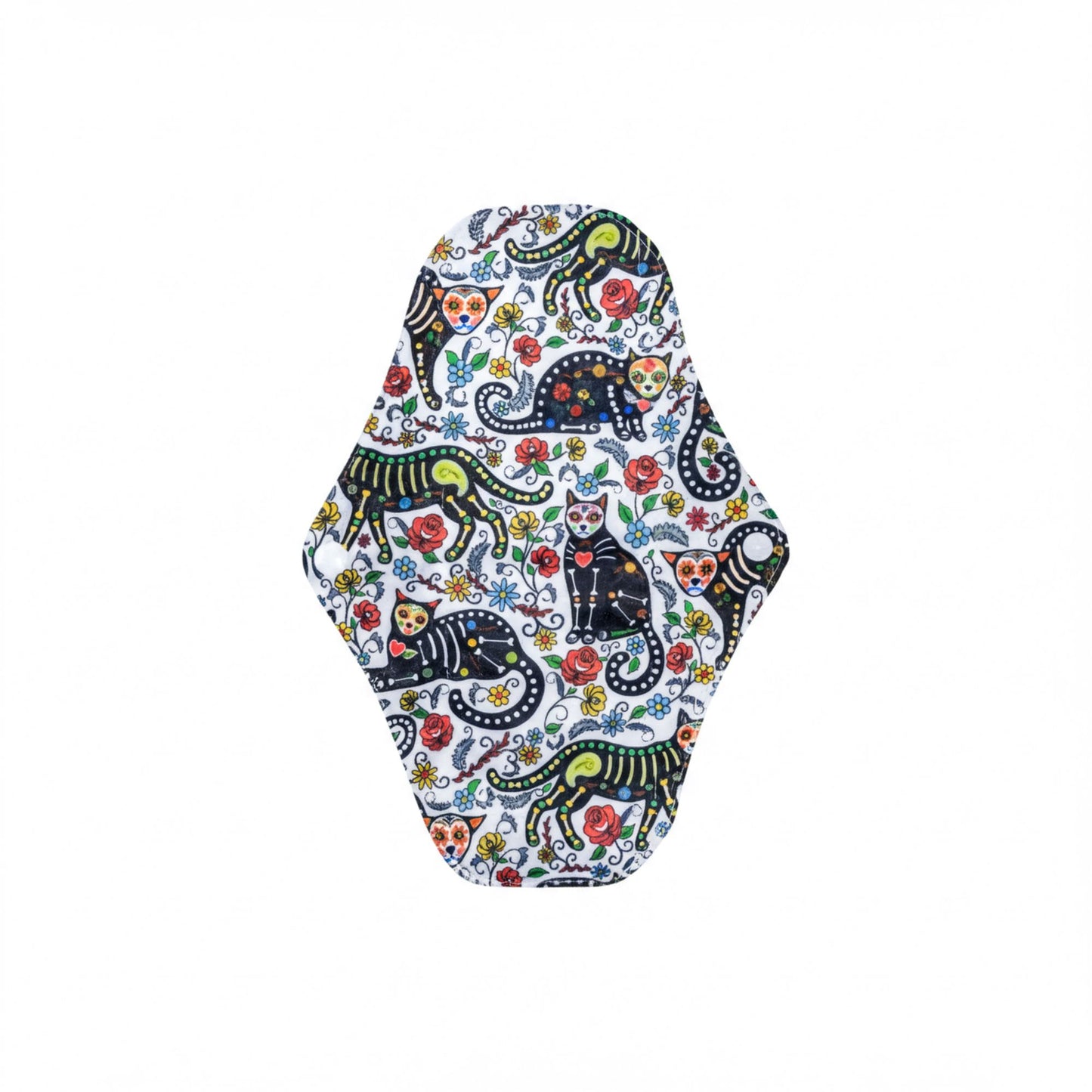 a colorful, patterned, and decorative object, which appears to be a piece of fabric or material with a repeating design of cats and floral elements.