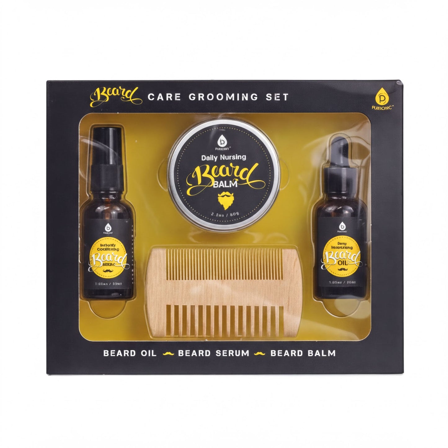 a set of grooming products for a beard, including a beard oil, beard serum, and beard balm.