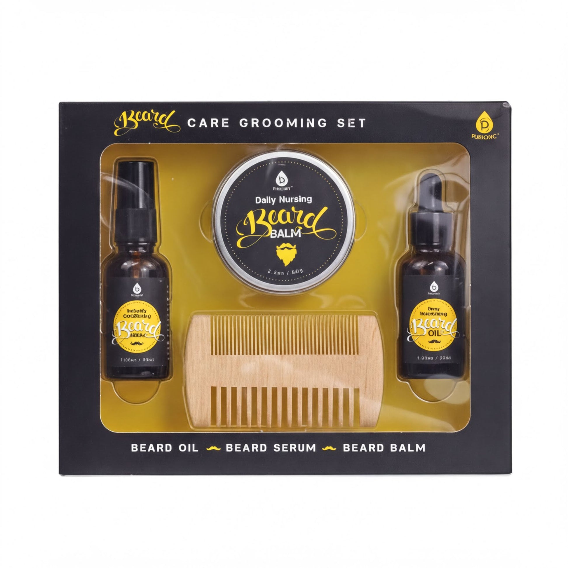 a set of grooming products for a beard, including a beard oil, beard serum, and beard balm.