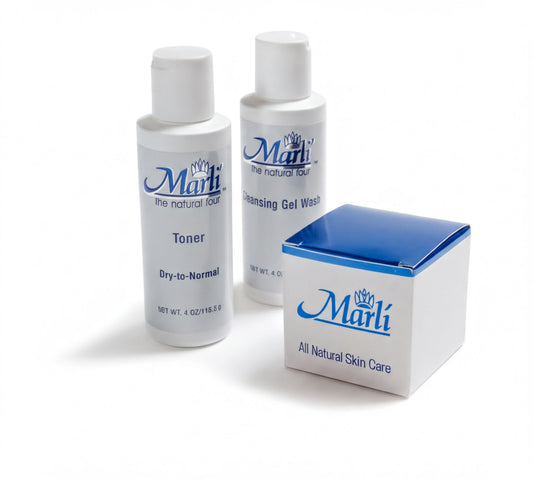 a collection of three Marli skincare products, including a toner, a gel wash, and a box of all-natural skin care products.
