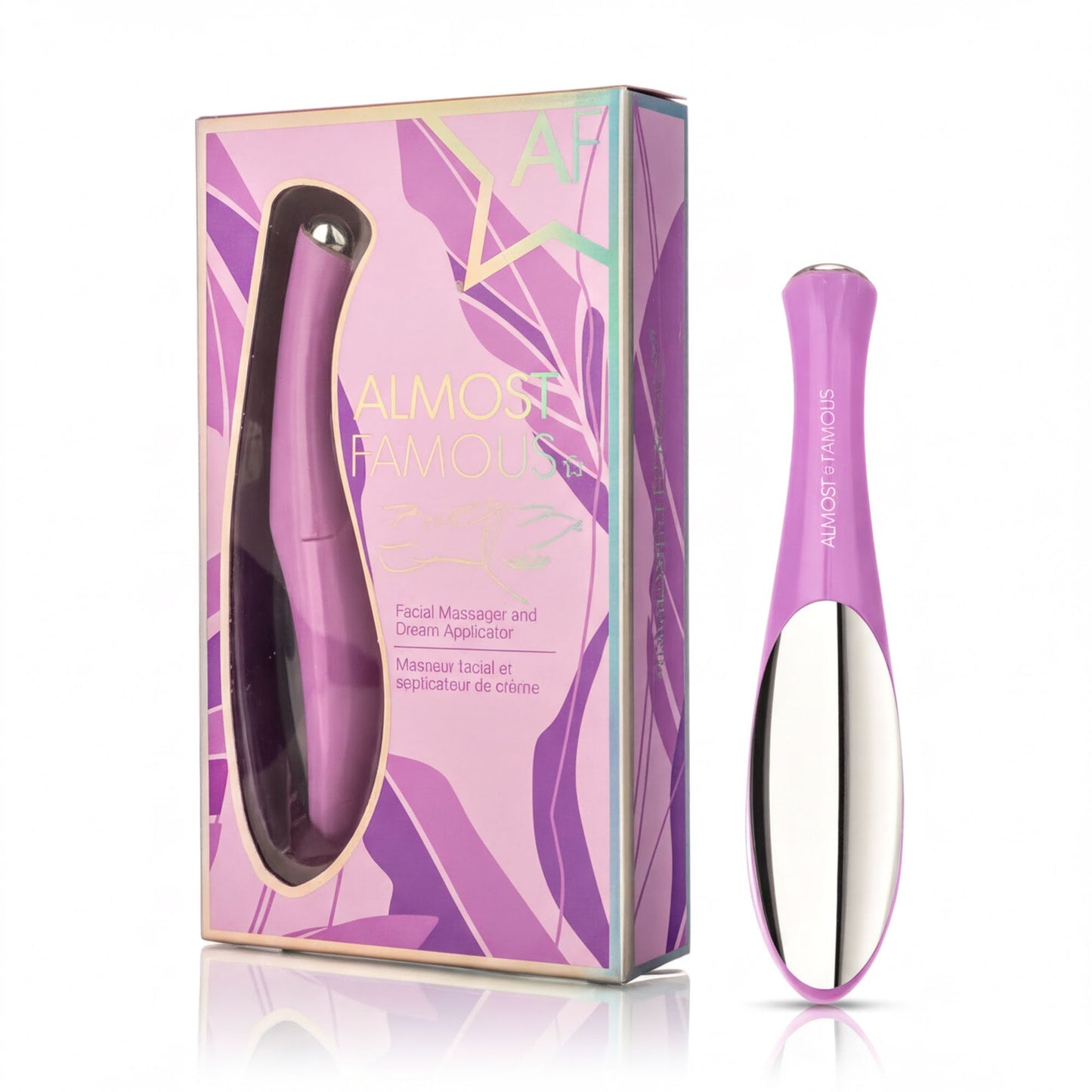 a purple and pink box for a facial massage and peel application device, and a purple and silver peel device next to it.
