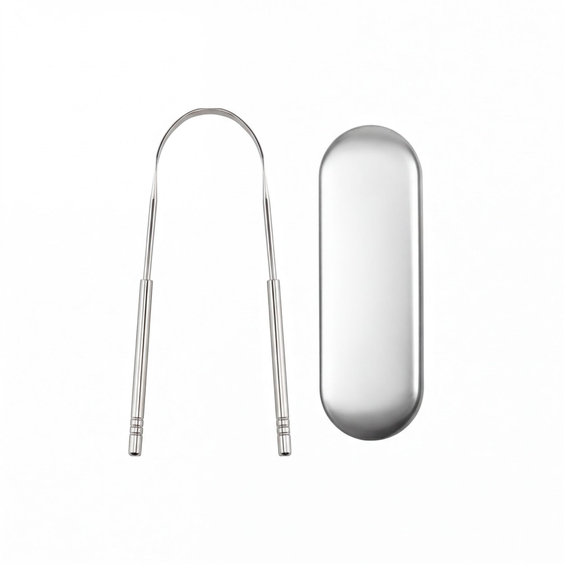a pair of silver dental tools, including a tongue scraper and a toothbrush holder, arranged side by side.