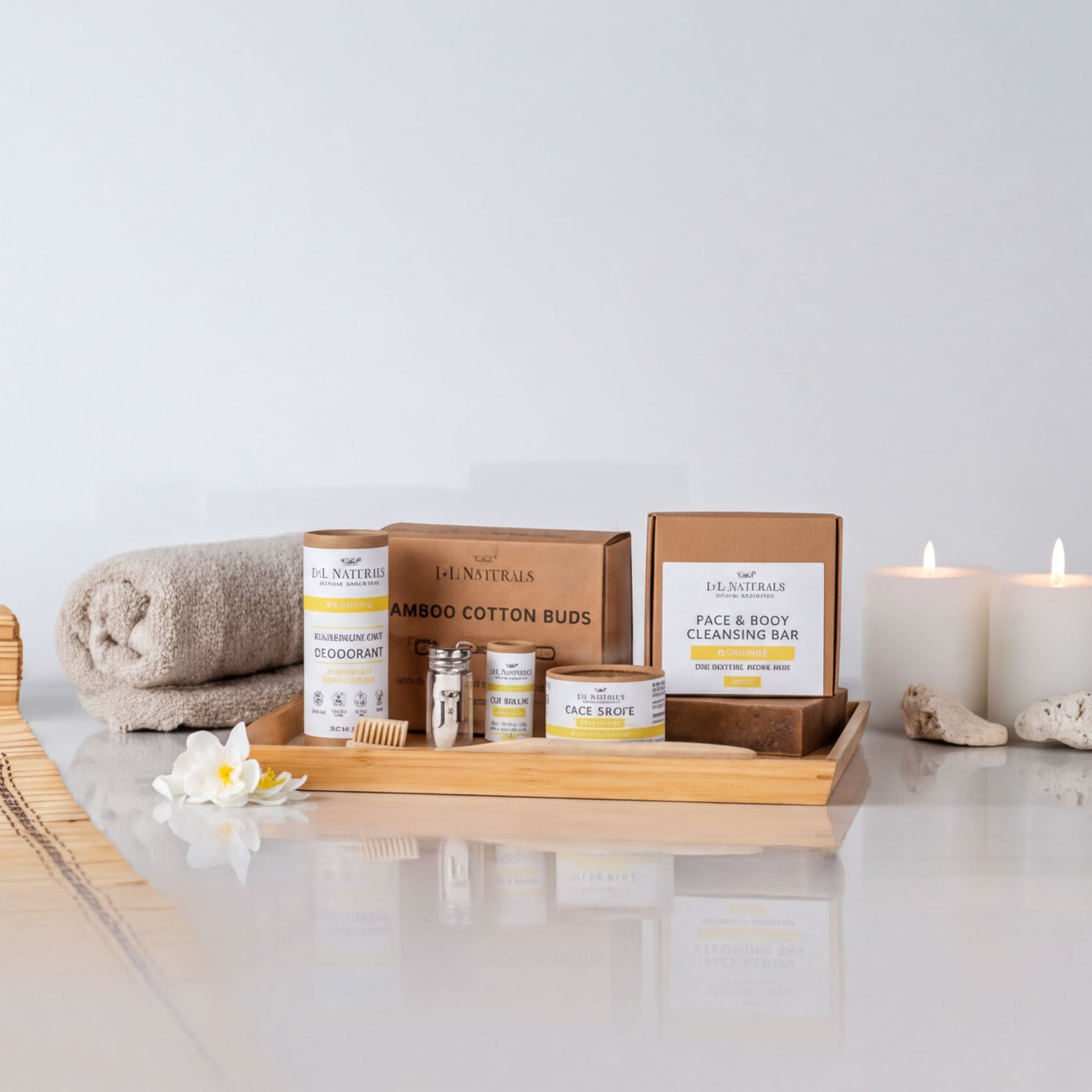 a collection of natural beauty products arranged on a wooden tray, with candles and a flower nearby.