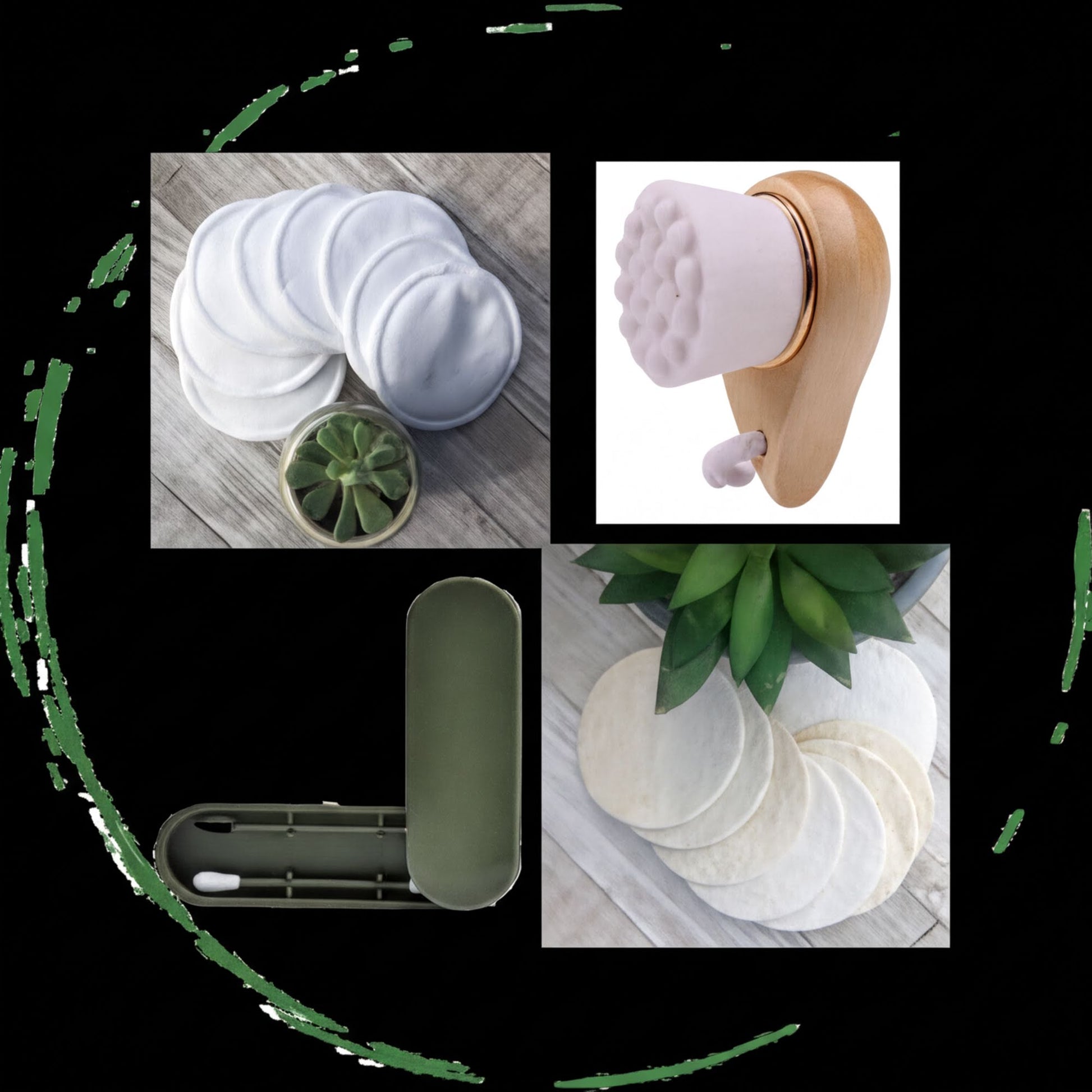 The image is a collage of four photos depicting various items related to skincare and personal care, including cotton pads, a wooden brush, a green container, and a plant.
