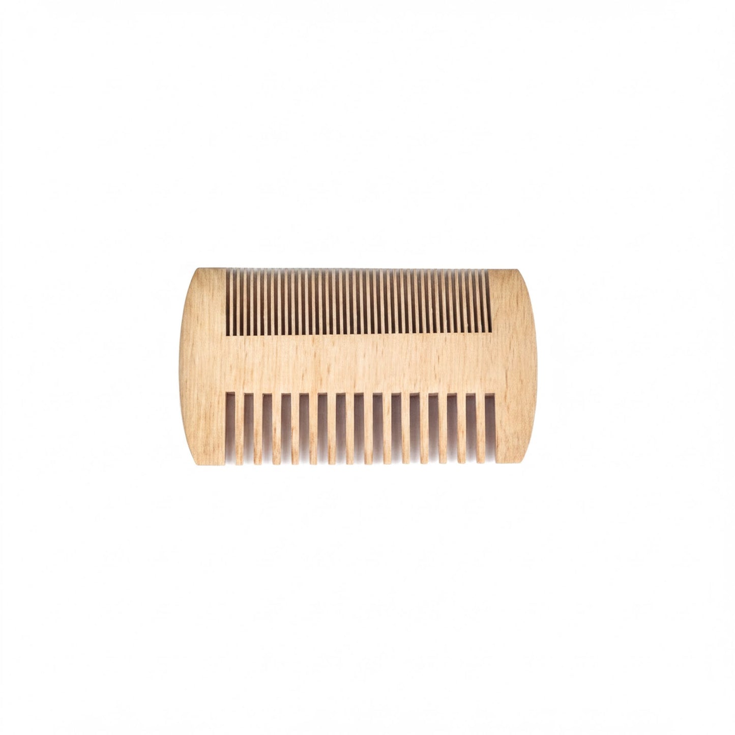 A wooden comb with a curved shape and a row of teeth is shown against a white background.