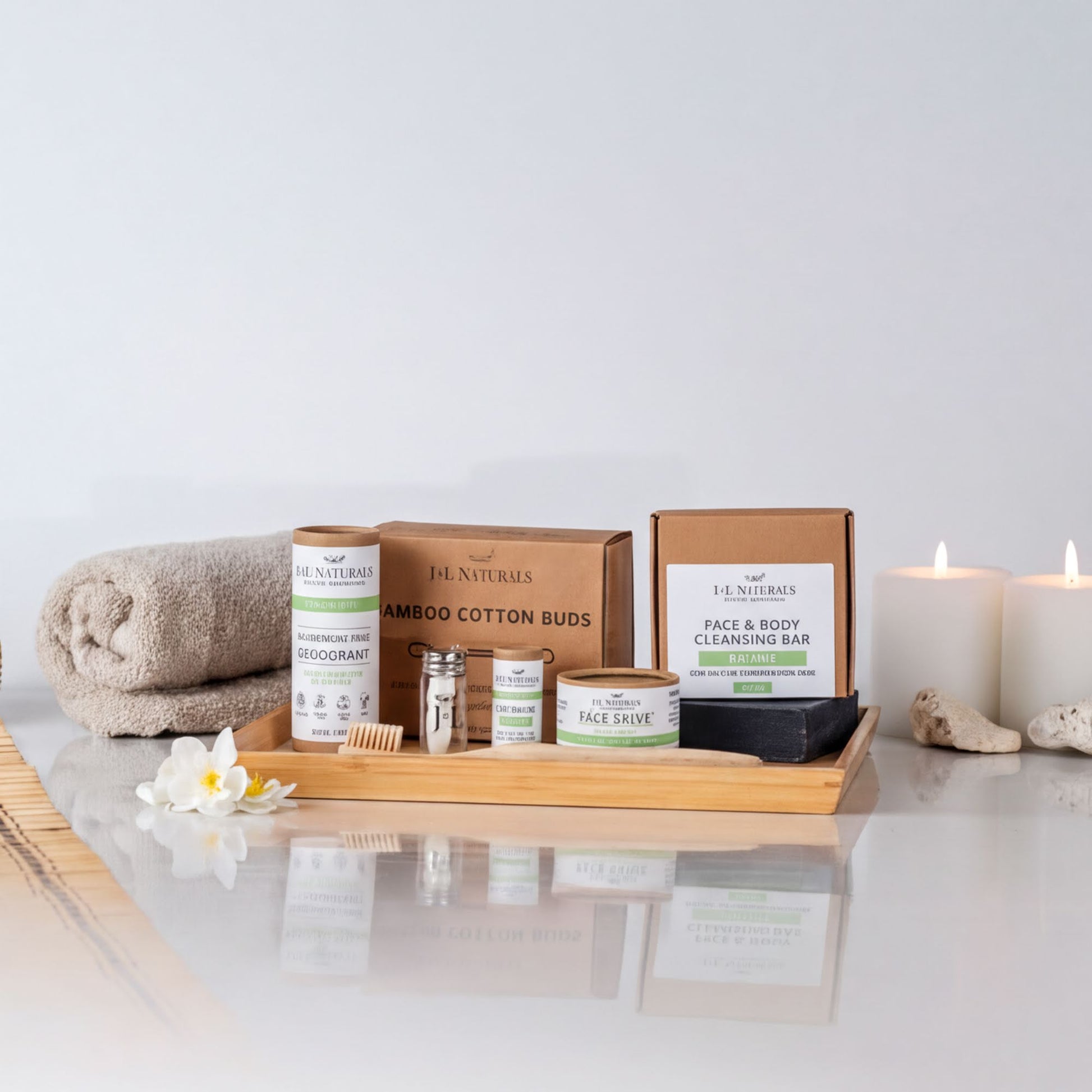 a collection of skincare and beauty products arranged on a wooden tray, with candles and a white flower adding to the aesthetic.
