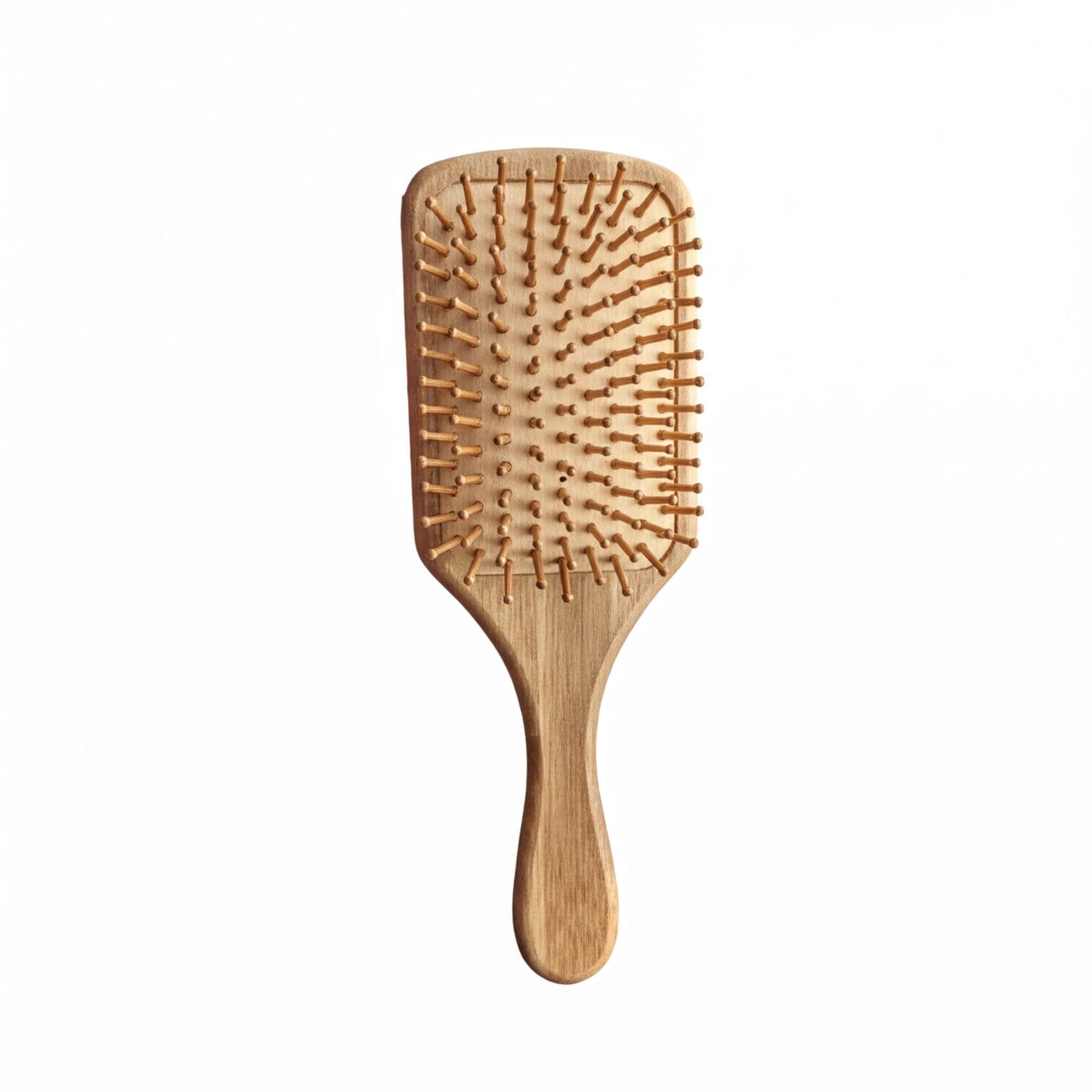 A wooden hairbrush with a round brush head and numerous bristles.
