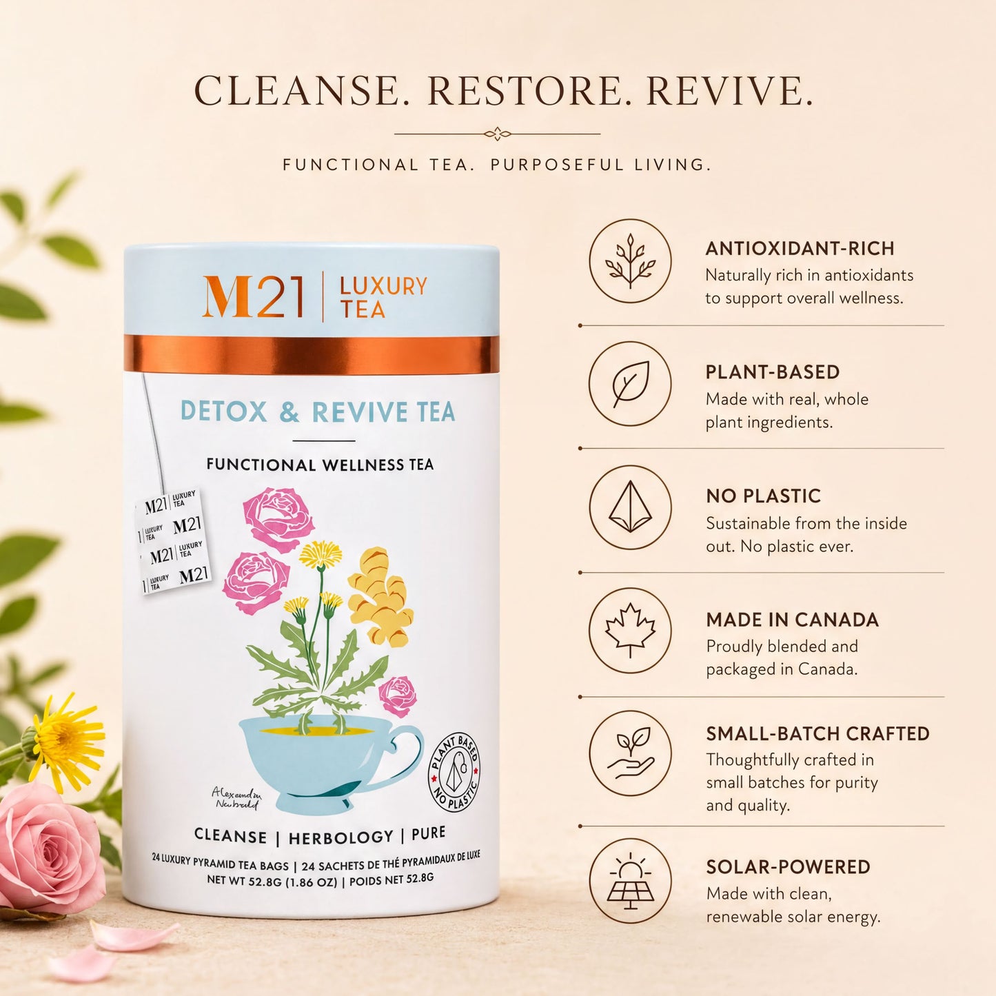 The image is an advertisement for a luxury tea product called Detox & Revive Tea. It features a large blue and white container with illustrations of flowers and leaves, along with text describing the product's features and benefits.