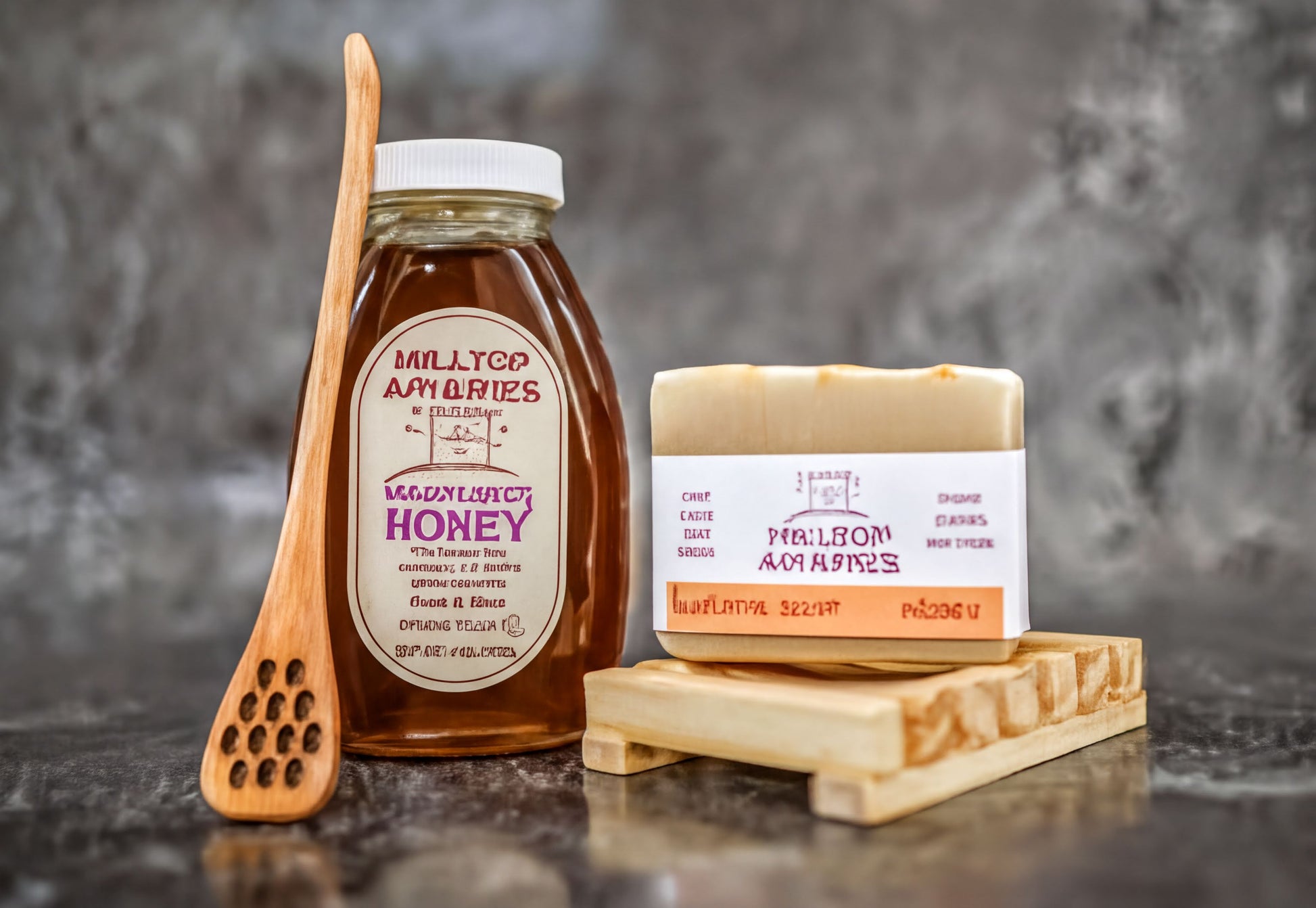 a bottle of honey and a bar of soap, both placed on a wooden stand.
