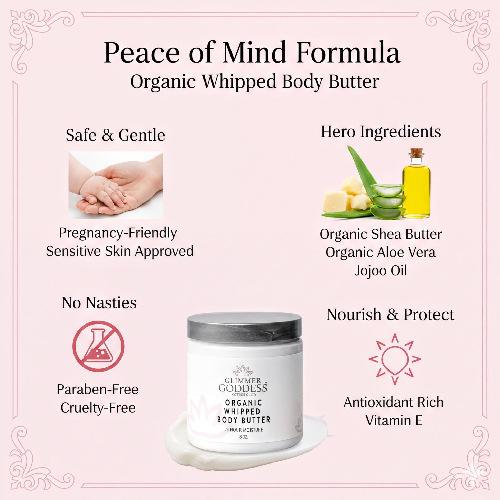 The image is an advertisement for an organic whipped body butter product. It features a close-up of hands applying the product, along with images of the product itself and its ingredients. The product is described as a "safe and gentle" pregnancy-friendly, "sensitive skin approved", "no nasties", "nourish & protect", and "antioxidant rich". The product is also described as "craben-free", "paragon-free", and "creamy-free".