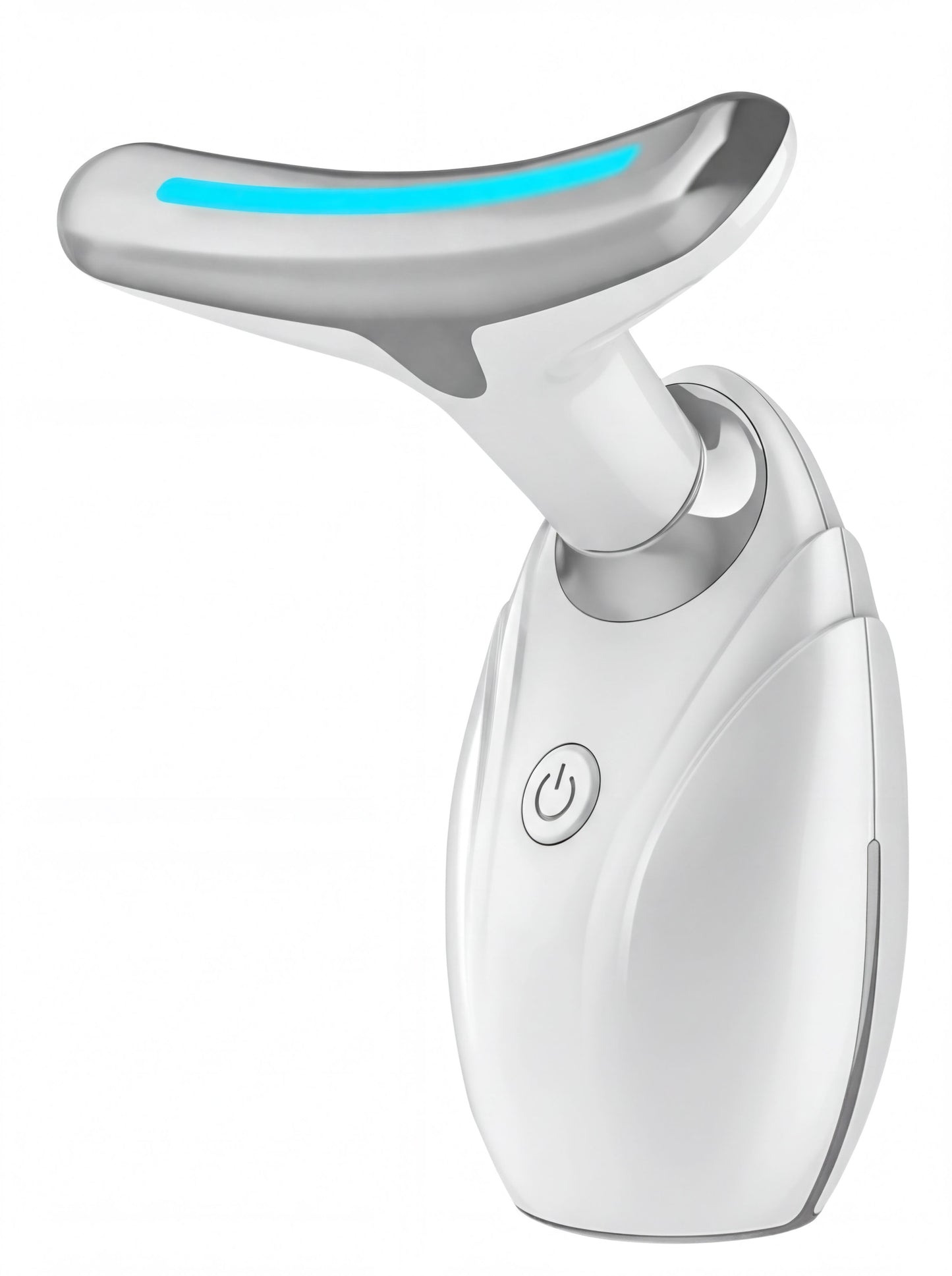 A white and silver electronic device with a blue light on the top, which appears to be a device for illuminating or illuminating an object.