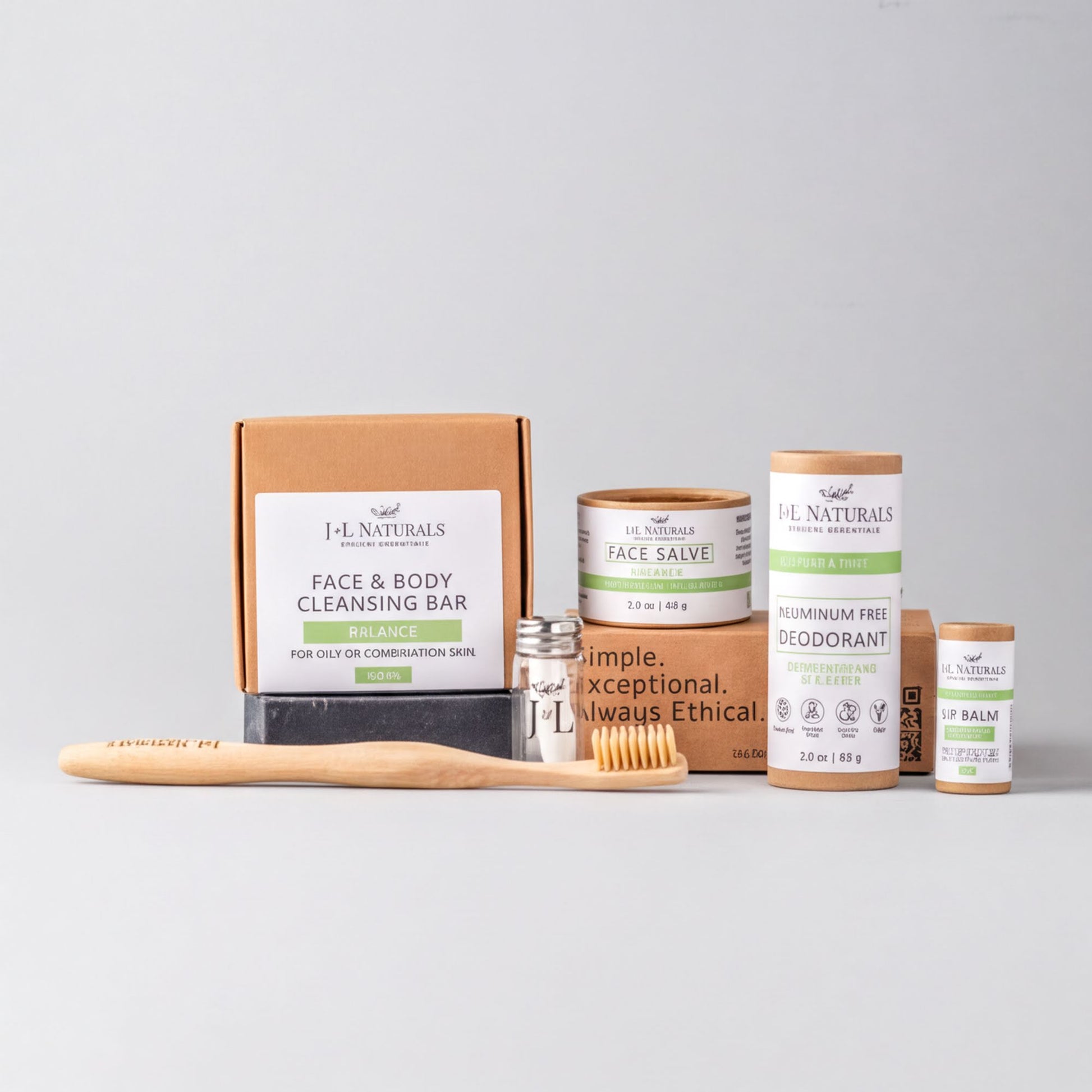 a collection of natural beauty products, including a face and body cleansing bar, a deodorant, a toothbrush, and a toothpaste.