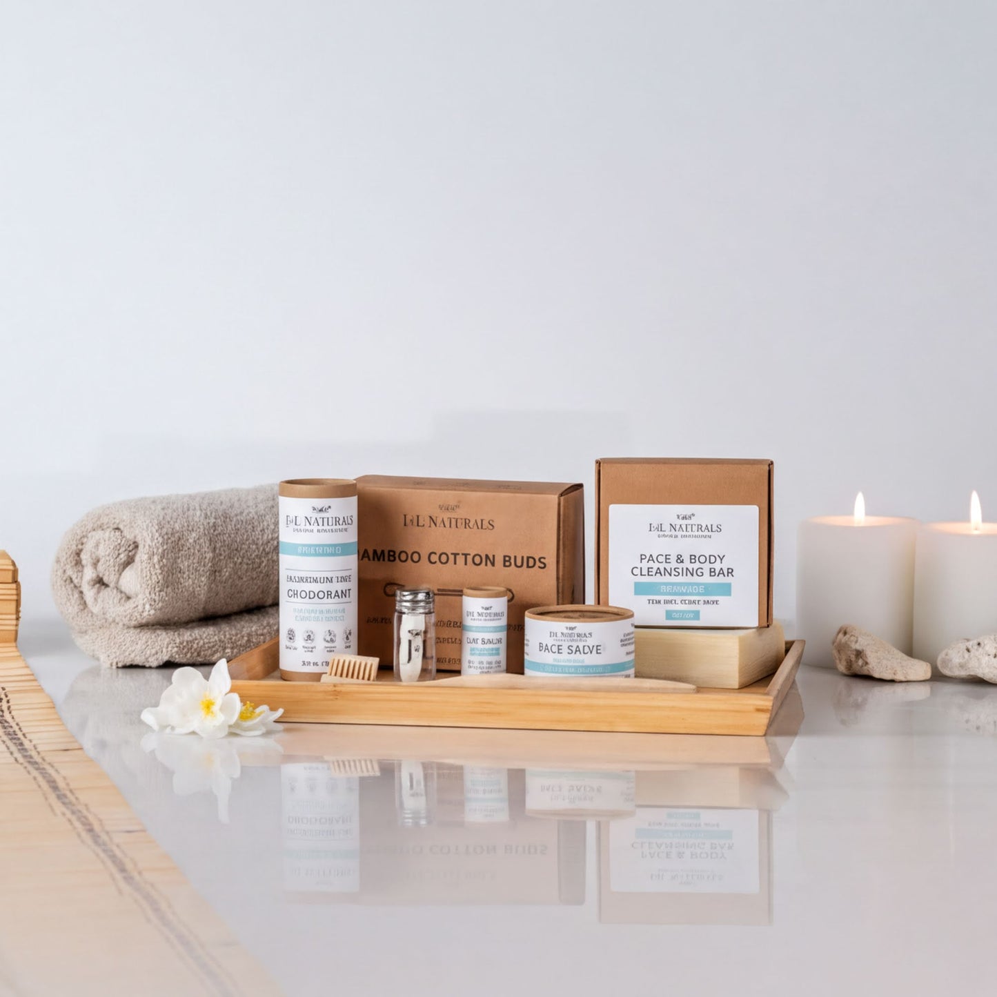 a collection of natural beauty products arranged on a wooden tray, with candles and a flower adding to the aesthetic.